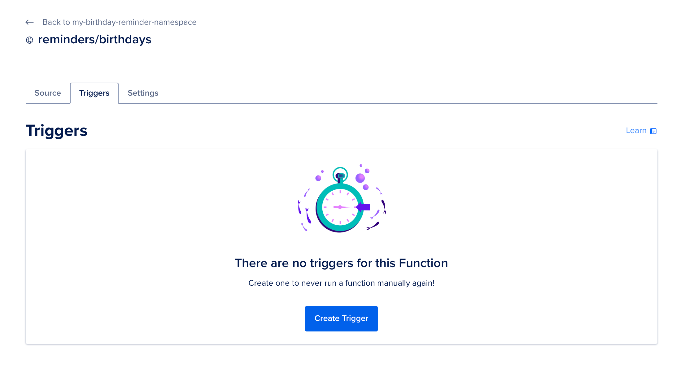 DigitalOcean Functions dashboard showing the Triggers tab for managing function triggers