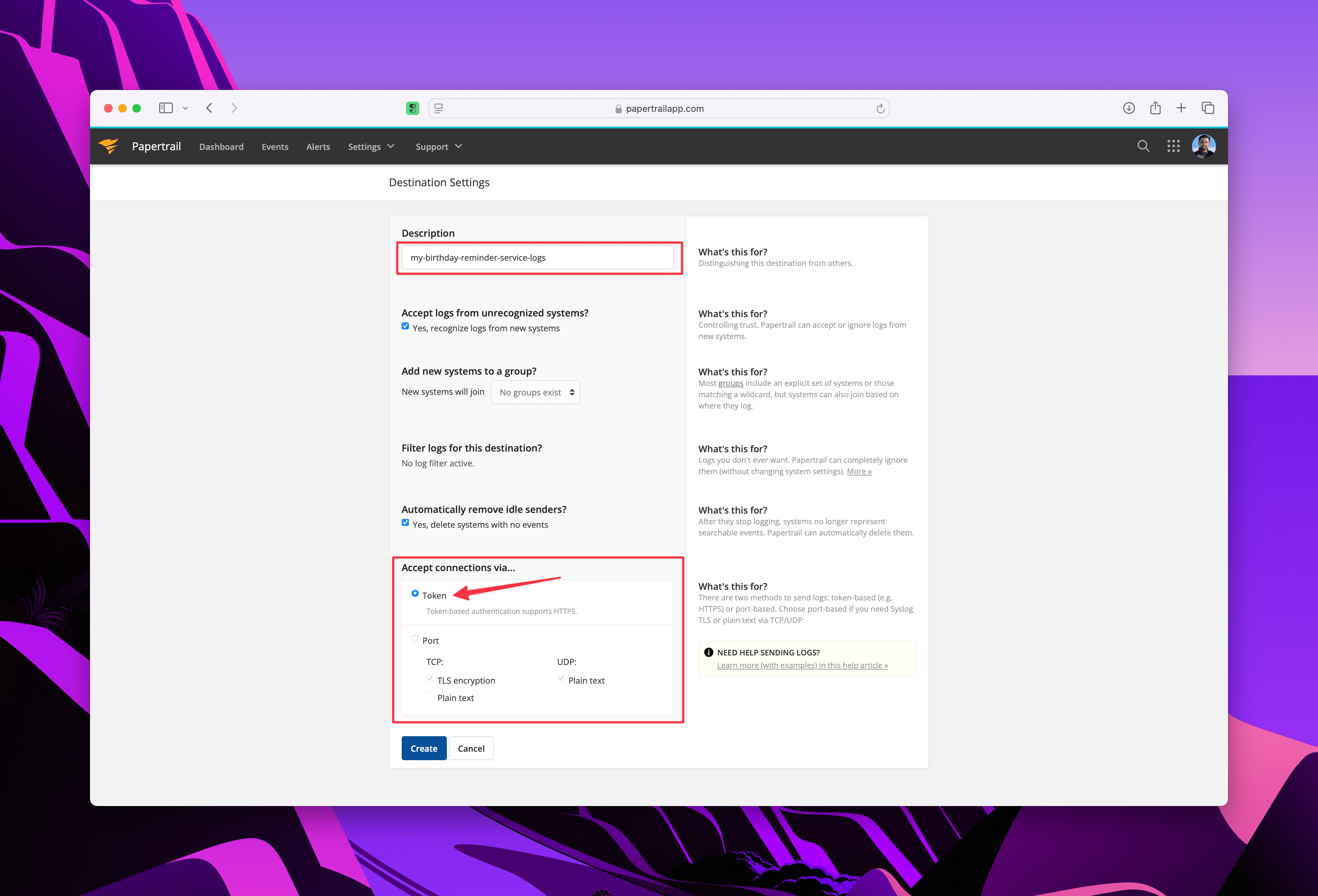 Papertrail Destination Settings