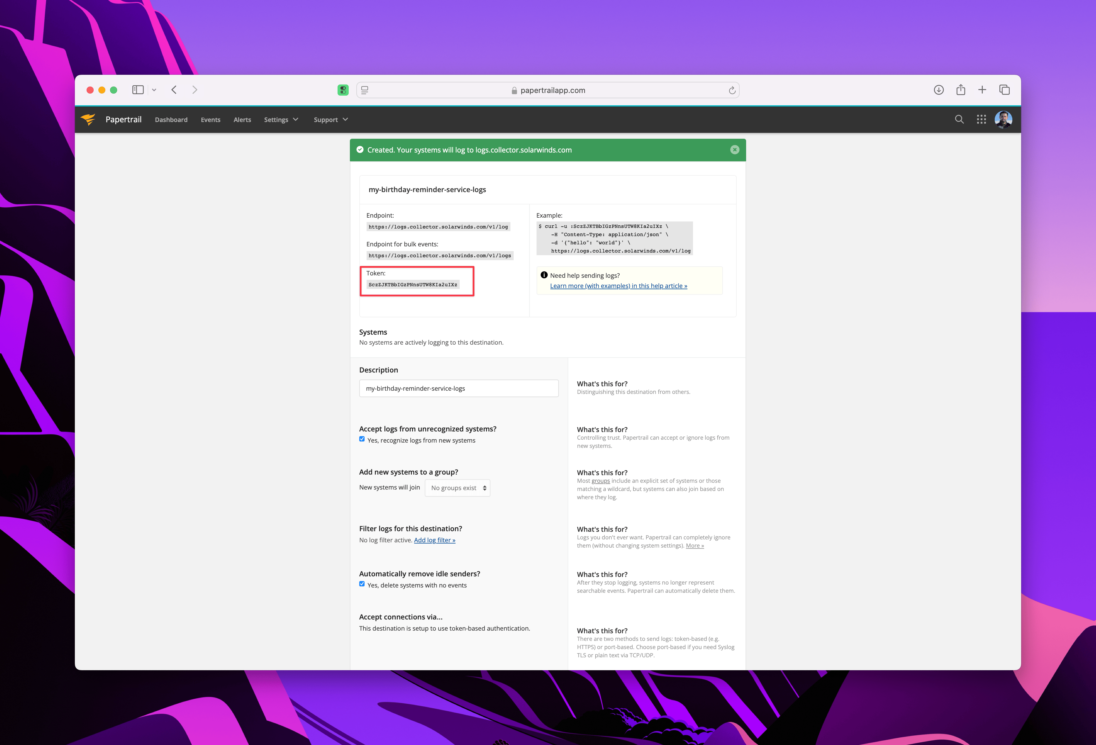 Papertrail System Settings