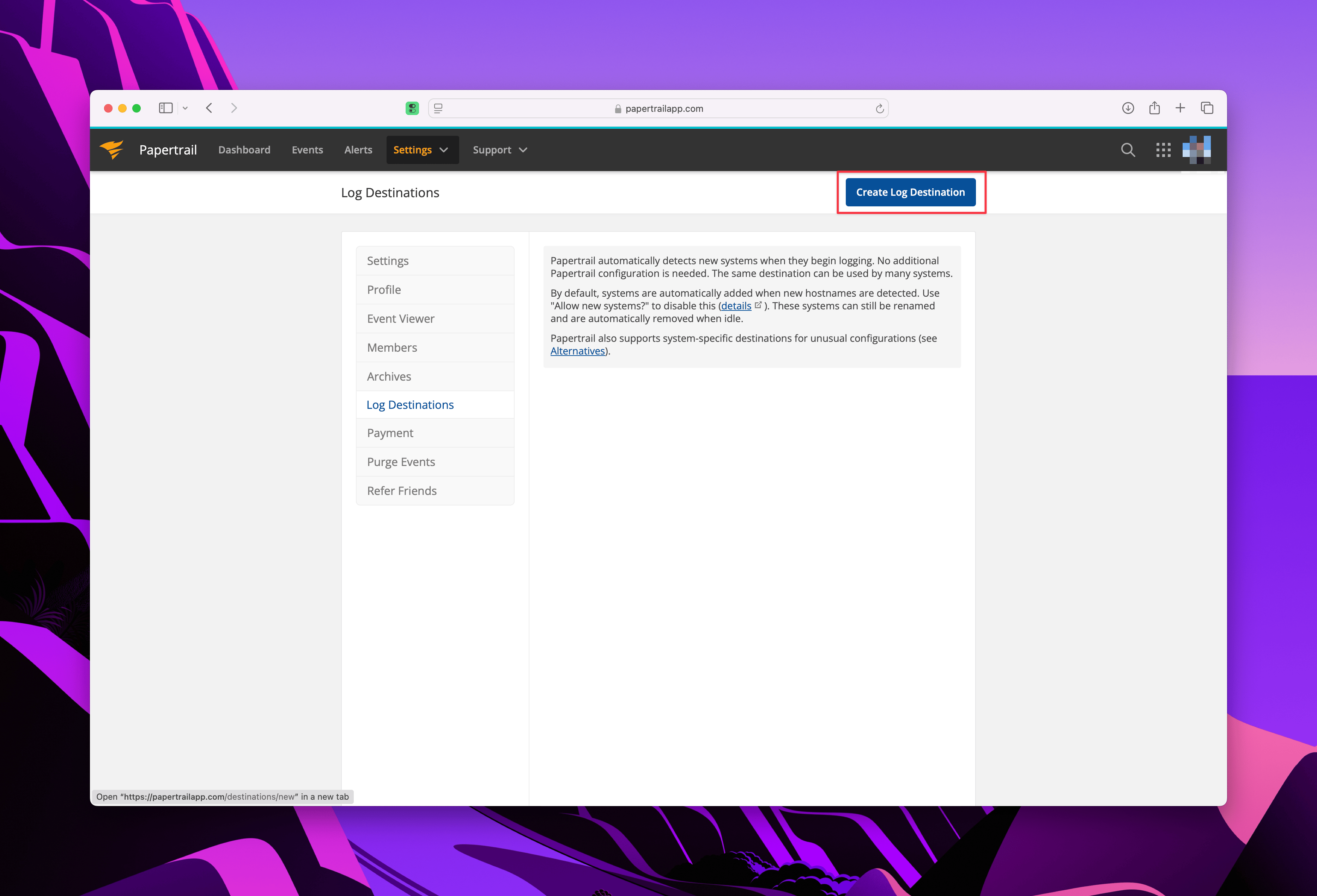 Papertrail Log Destinations Setup