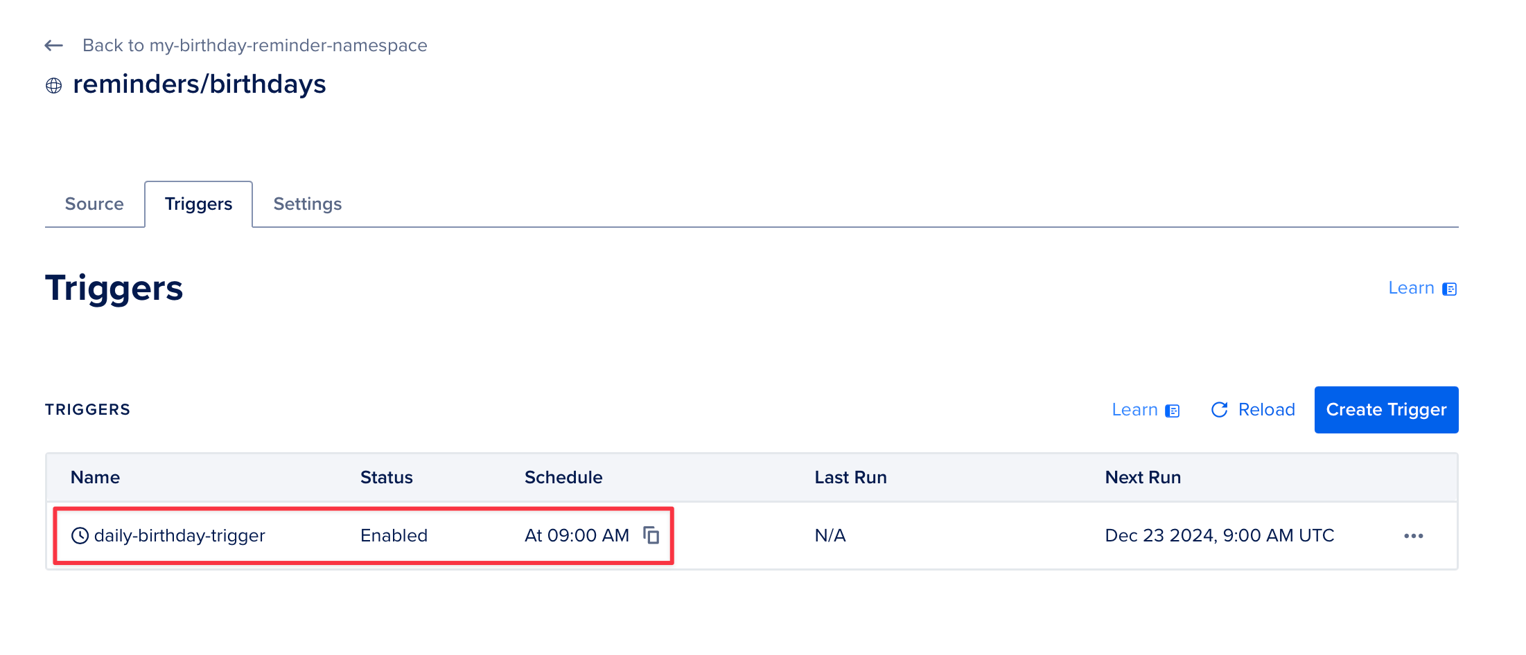 DigitalOcean dashboard showing the Triggers section with a newly created trigger named 'daily-birthday-trigger' for the reminders/birthdays function
