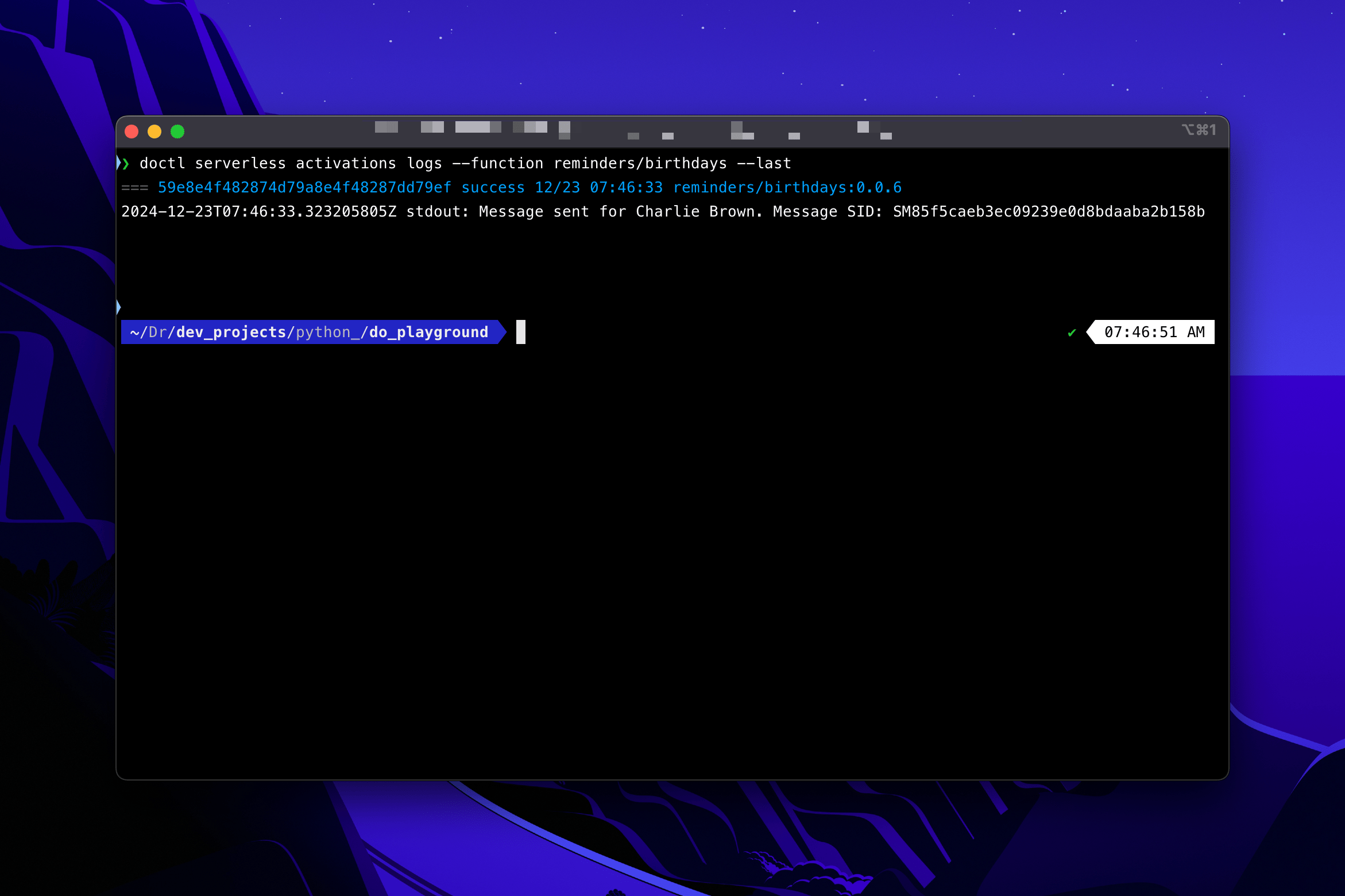 Terminal output of the command, showing details of the last activation of the reminders/birthdays function