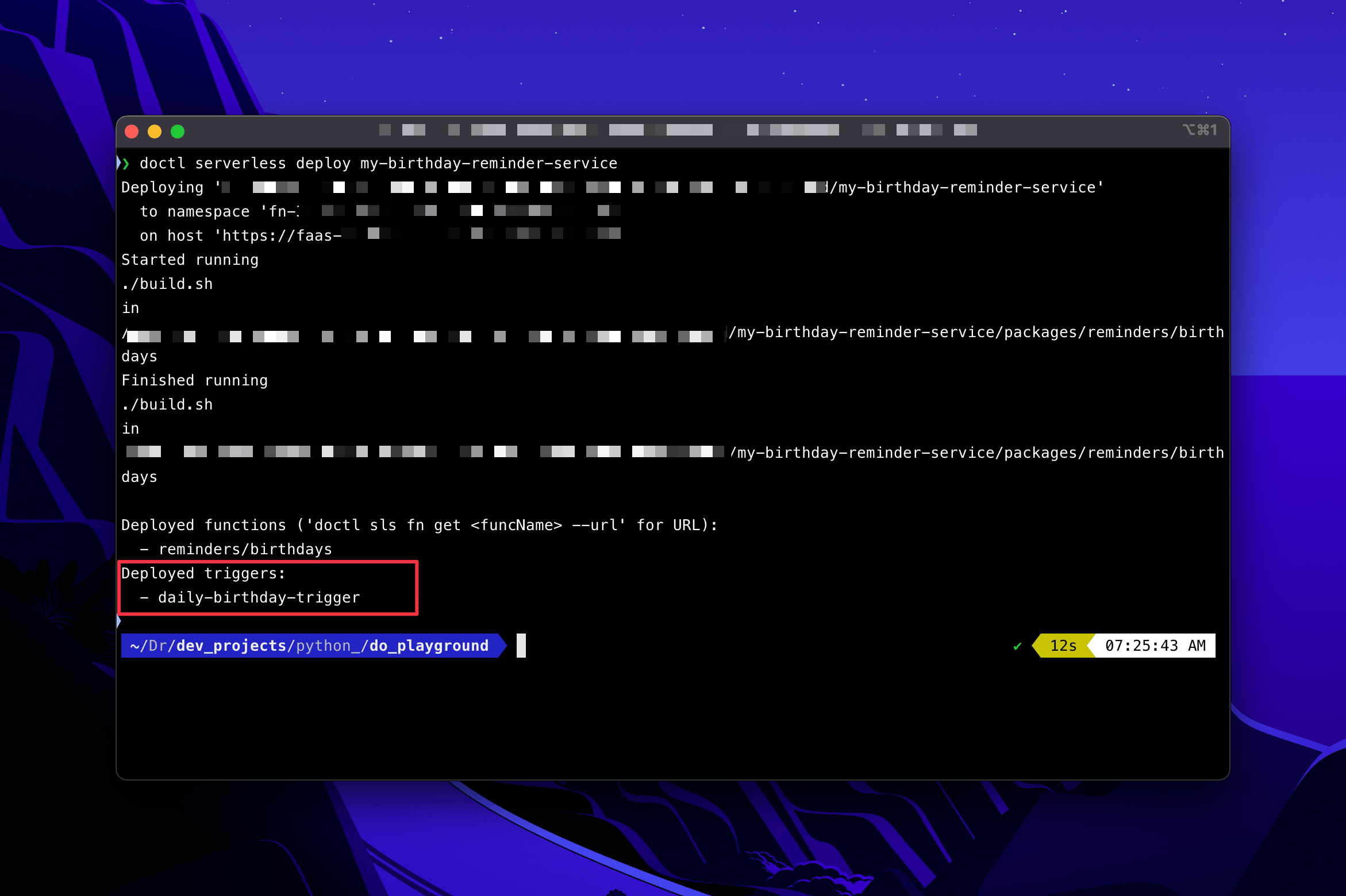 Terminal output showing a successful deployment of the Birthday Reminder Service and confirmation of the deployed function and trigger