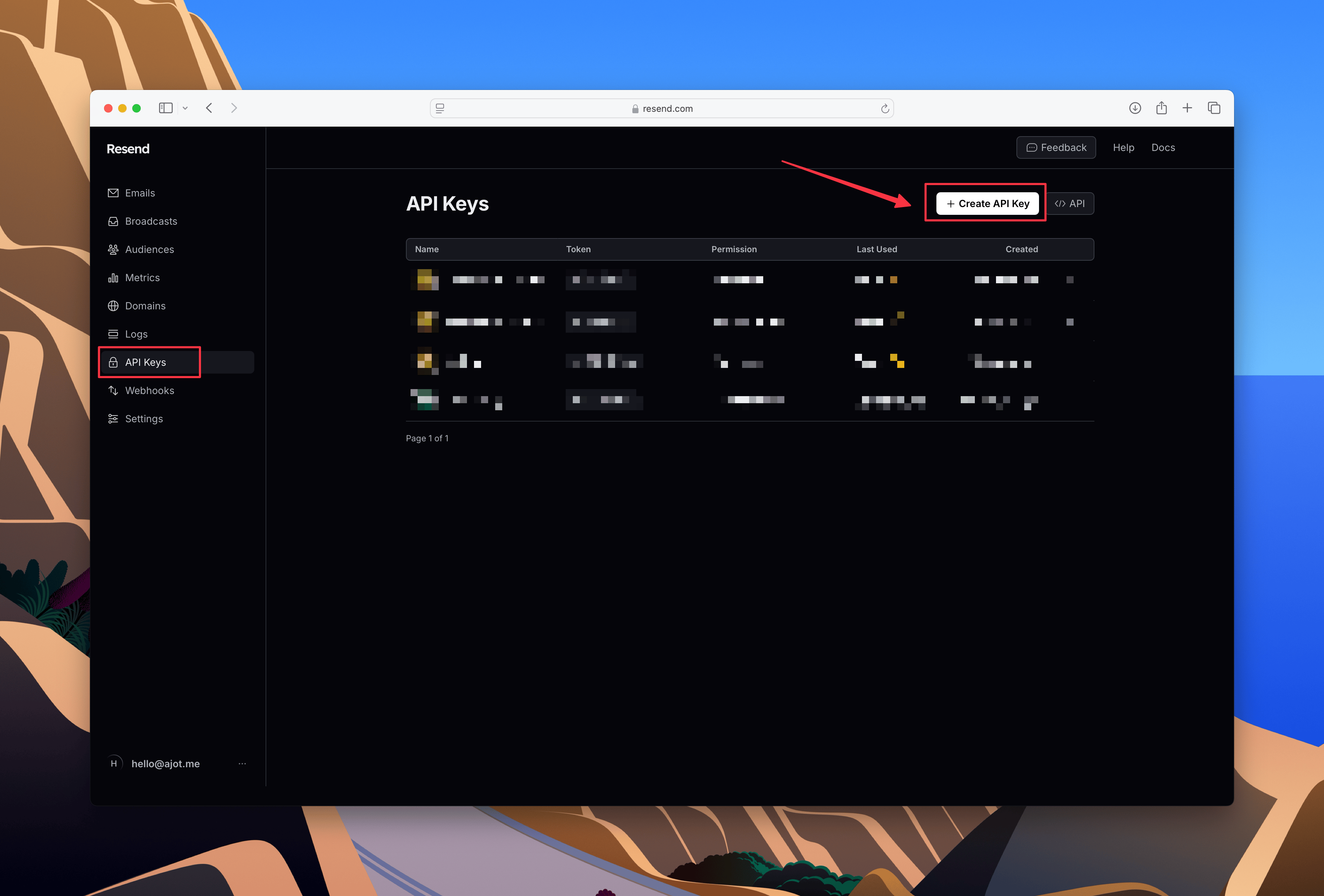 API Keys Dashboard Screenshot