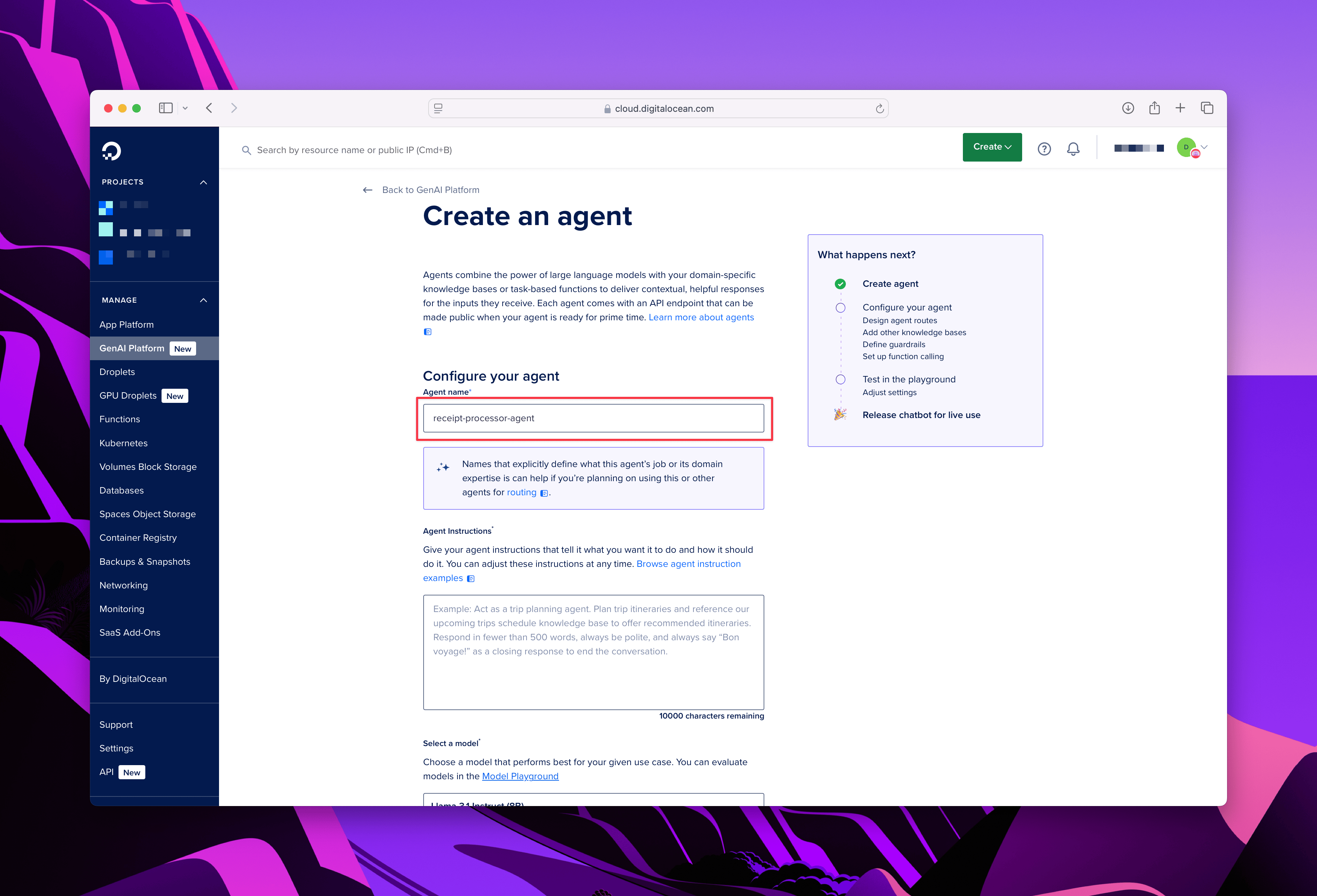 Configuration screen for creating a new agent with settings options