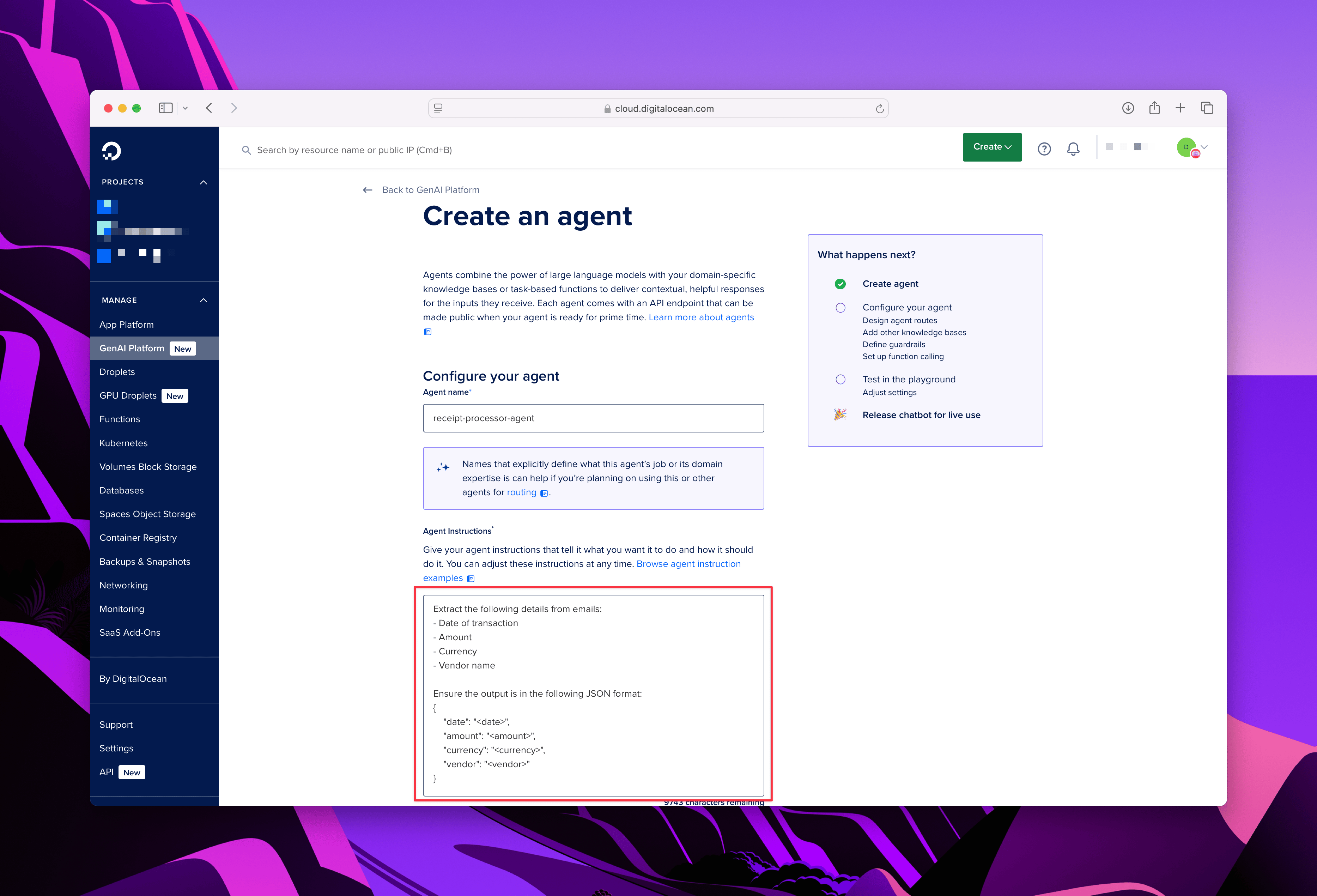 Screen showing the DigitalOcean agent creation interface with instruction input