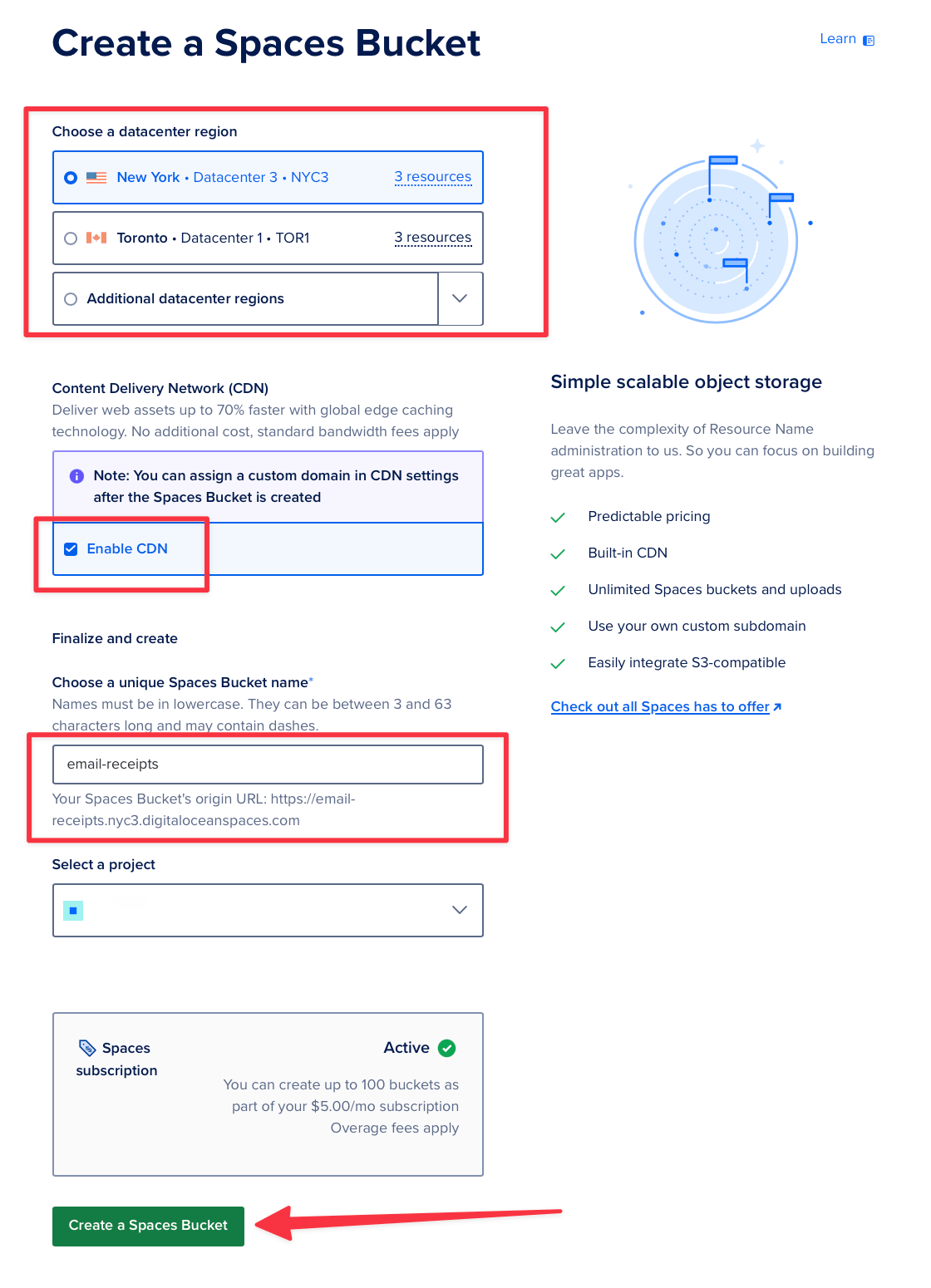 Guide to creating a Spaces bucket on DigitalOcean, highlighting configuration options