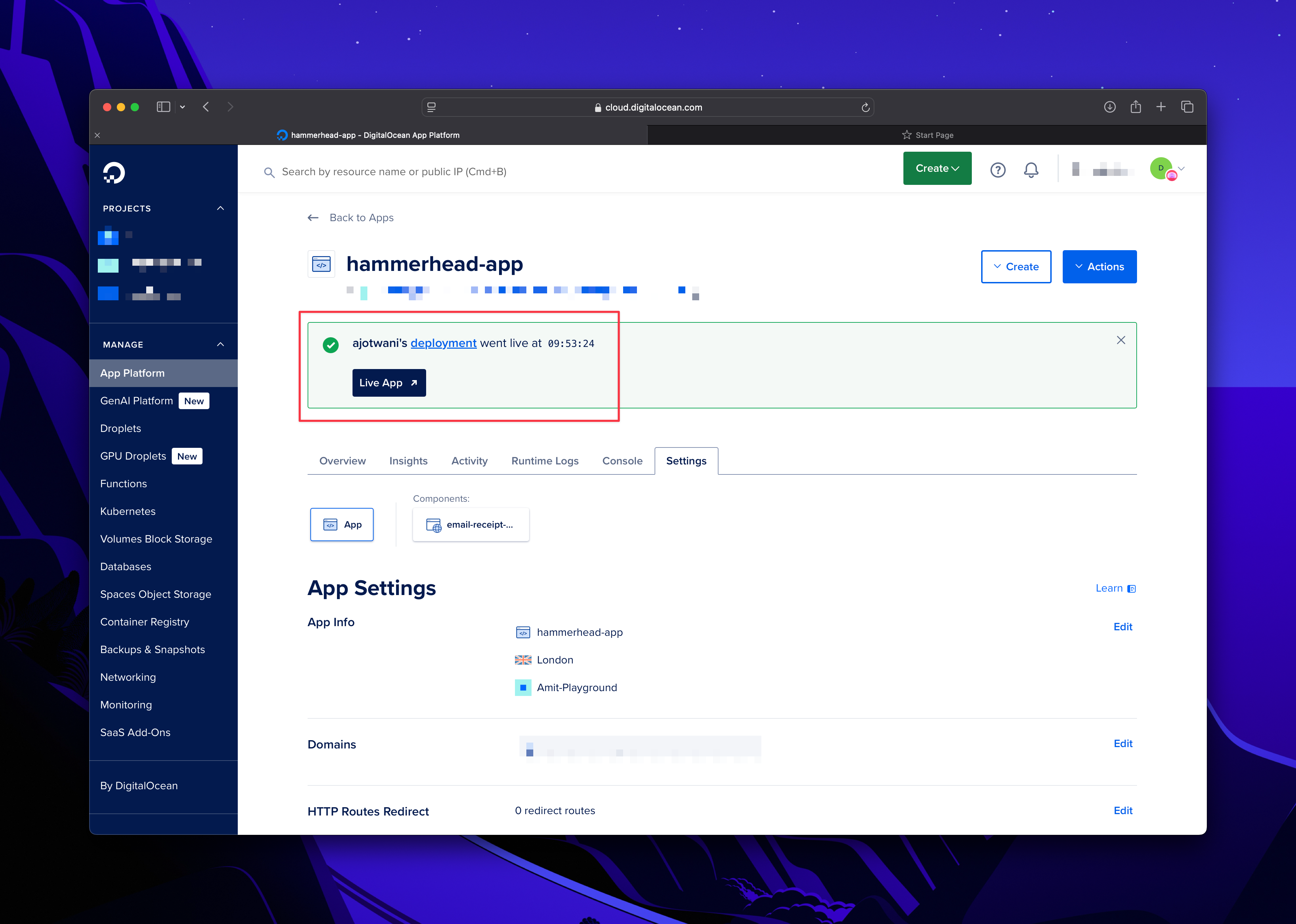 DigitalOcean app deployment status and configuration