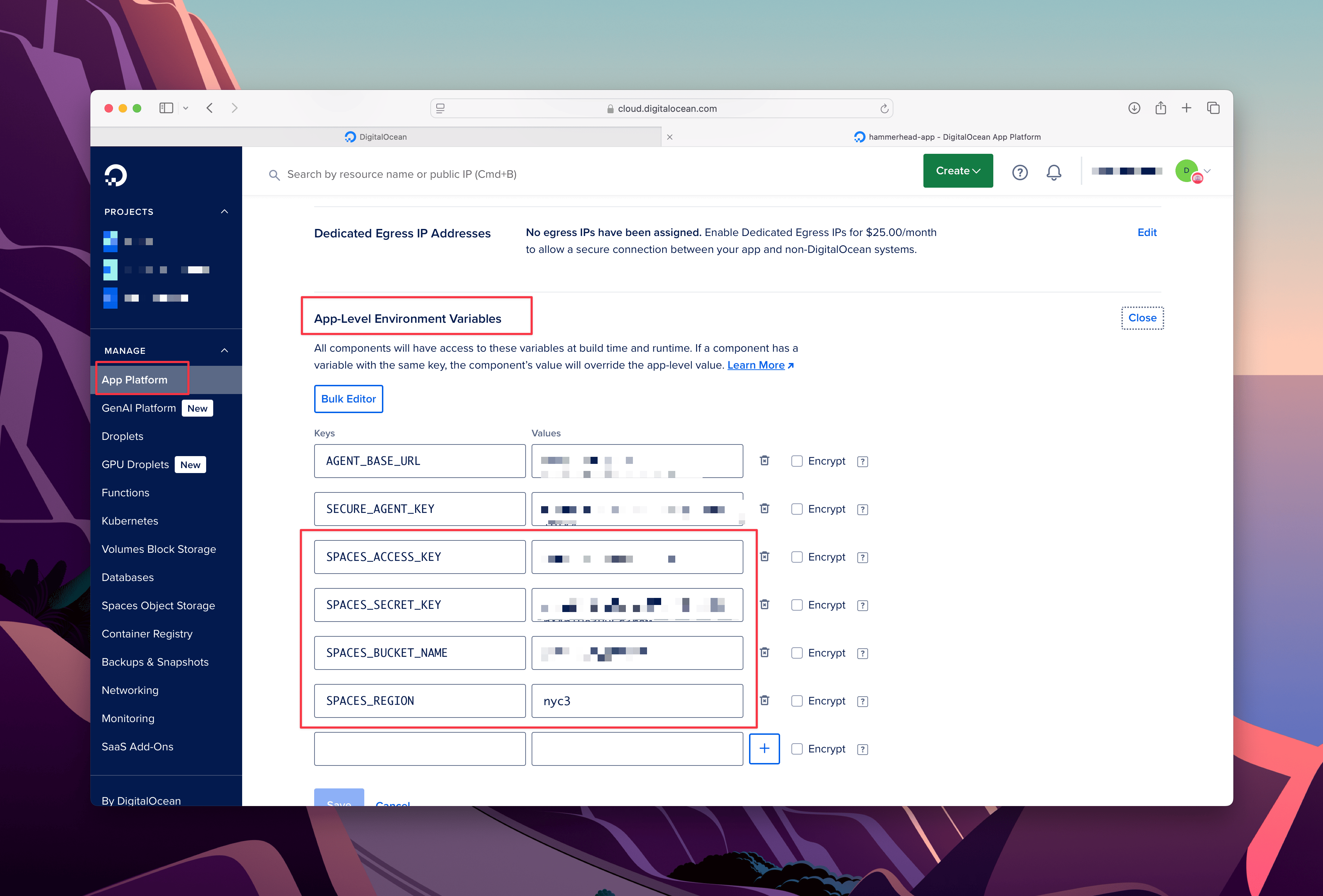 DigitalOcean App Platform environment variables configuration page