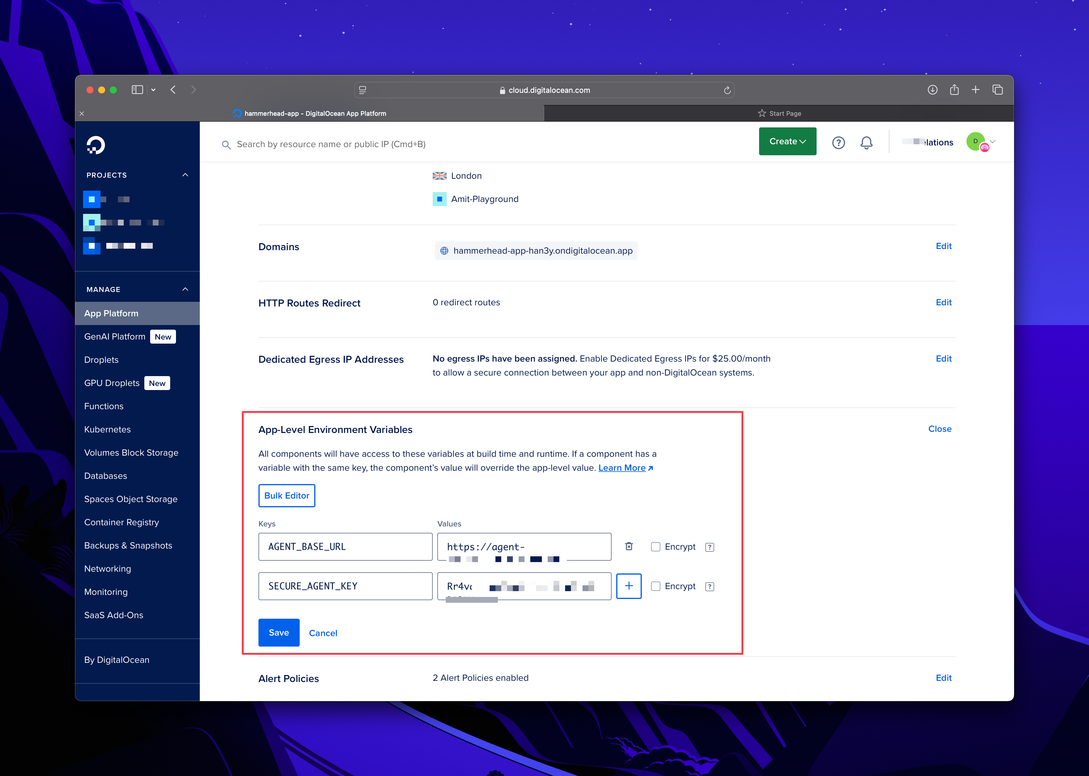 DigitalOcean App Platform environment variables configuration page
