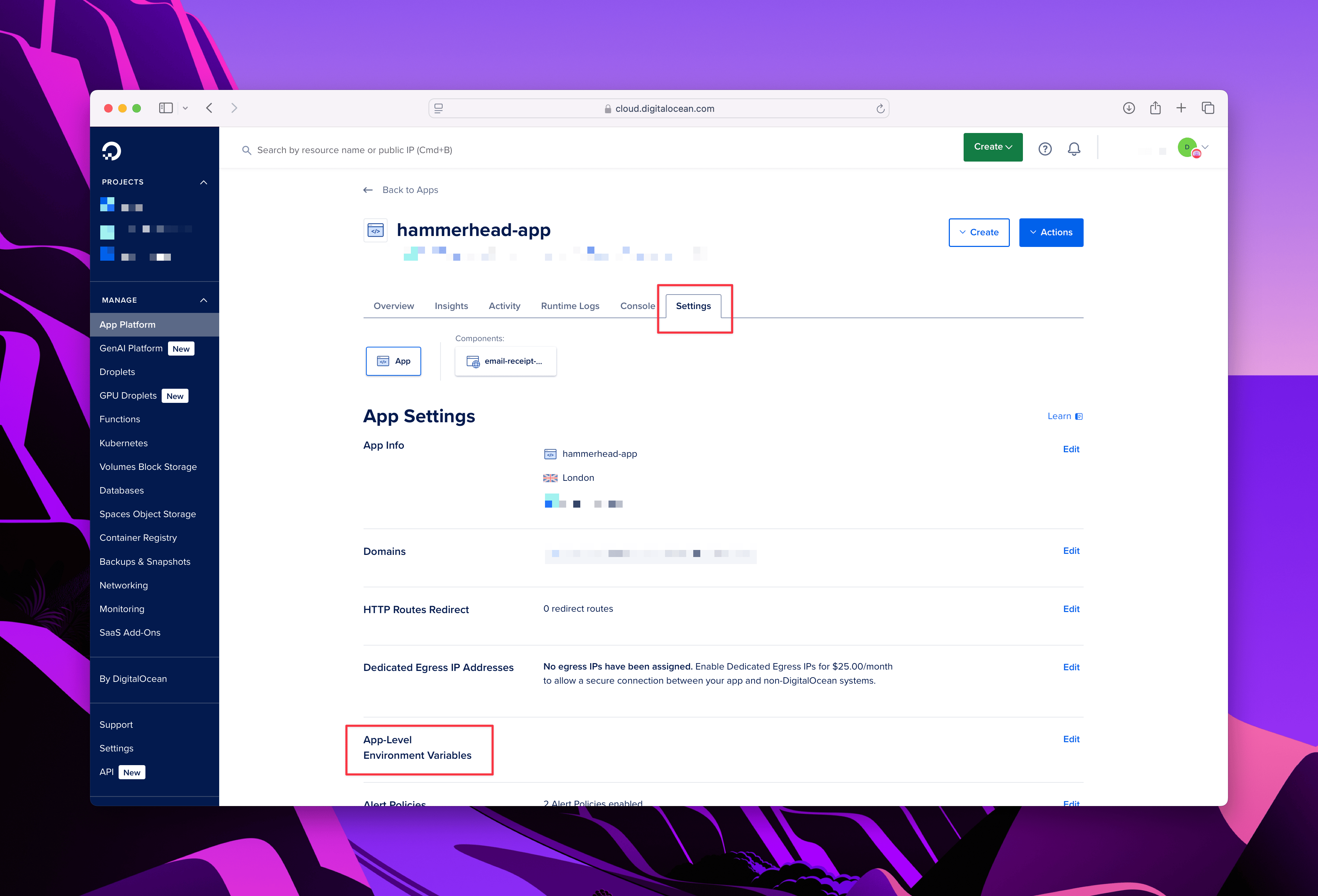 DigitalOcean app settings page with configuration options