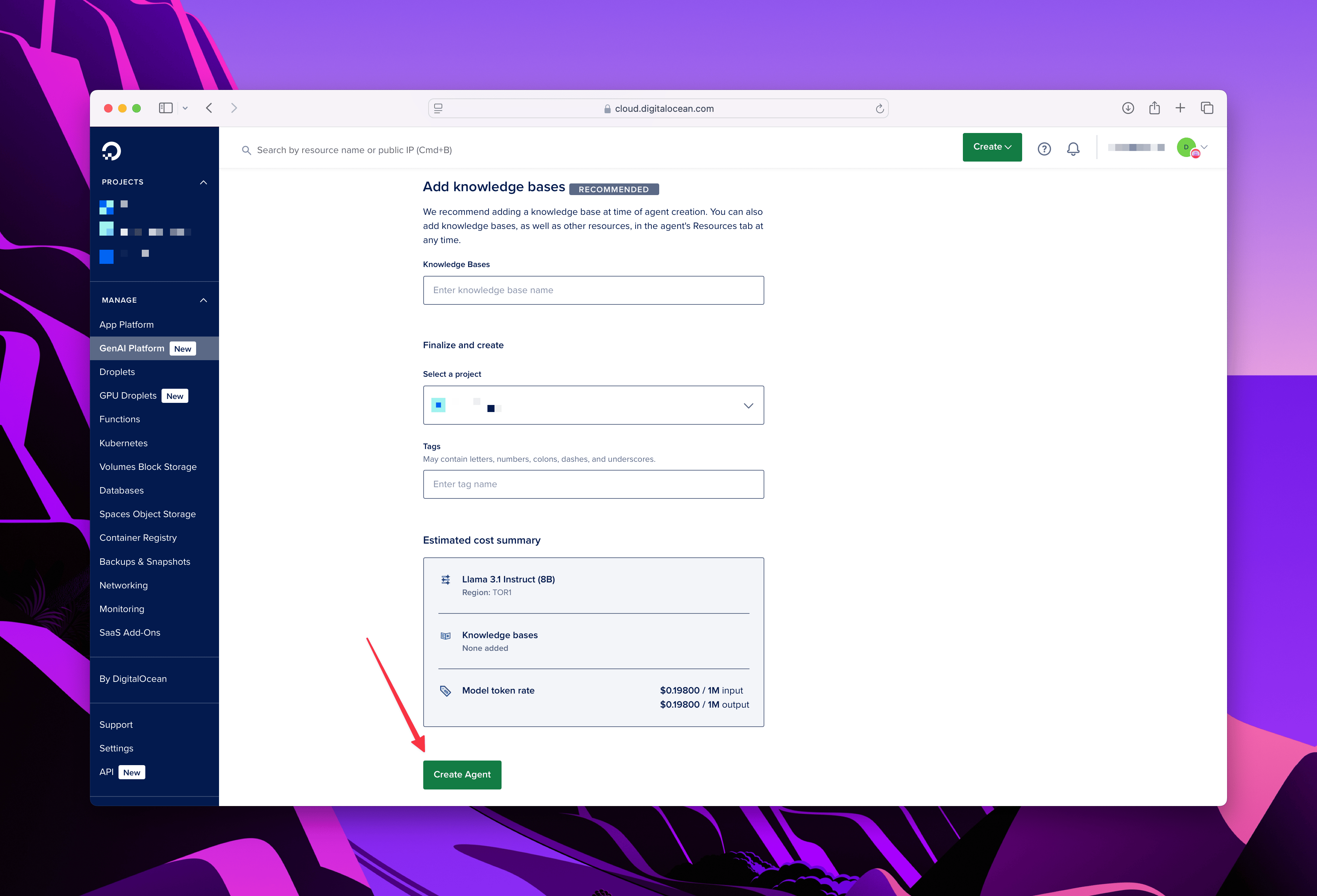 DigitalOcean create agent screen with final configuration options