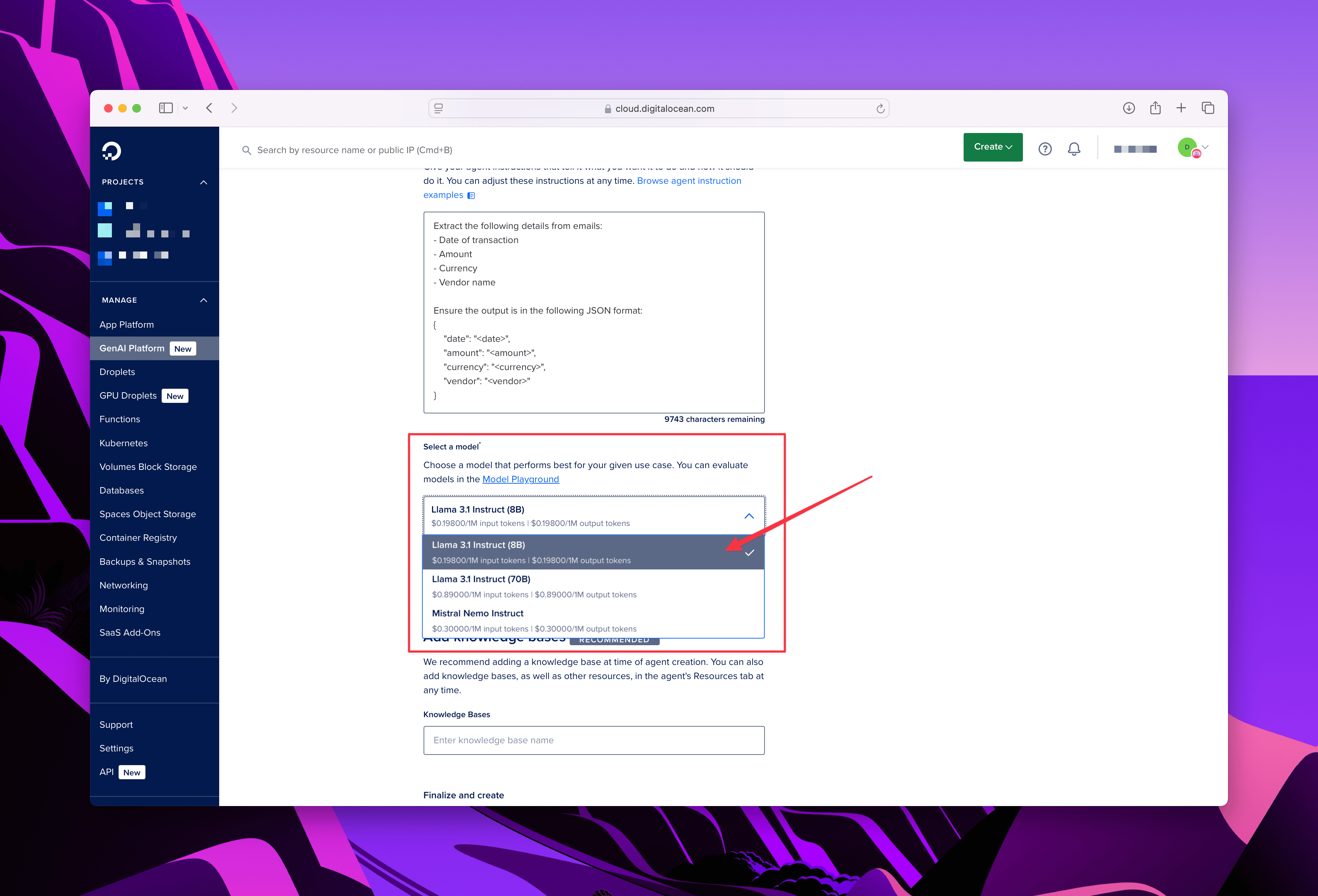 DigitalOcean droplet creation interface showing model selection