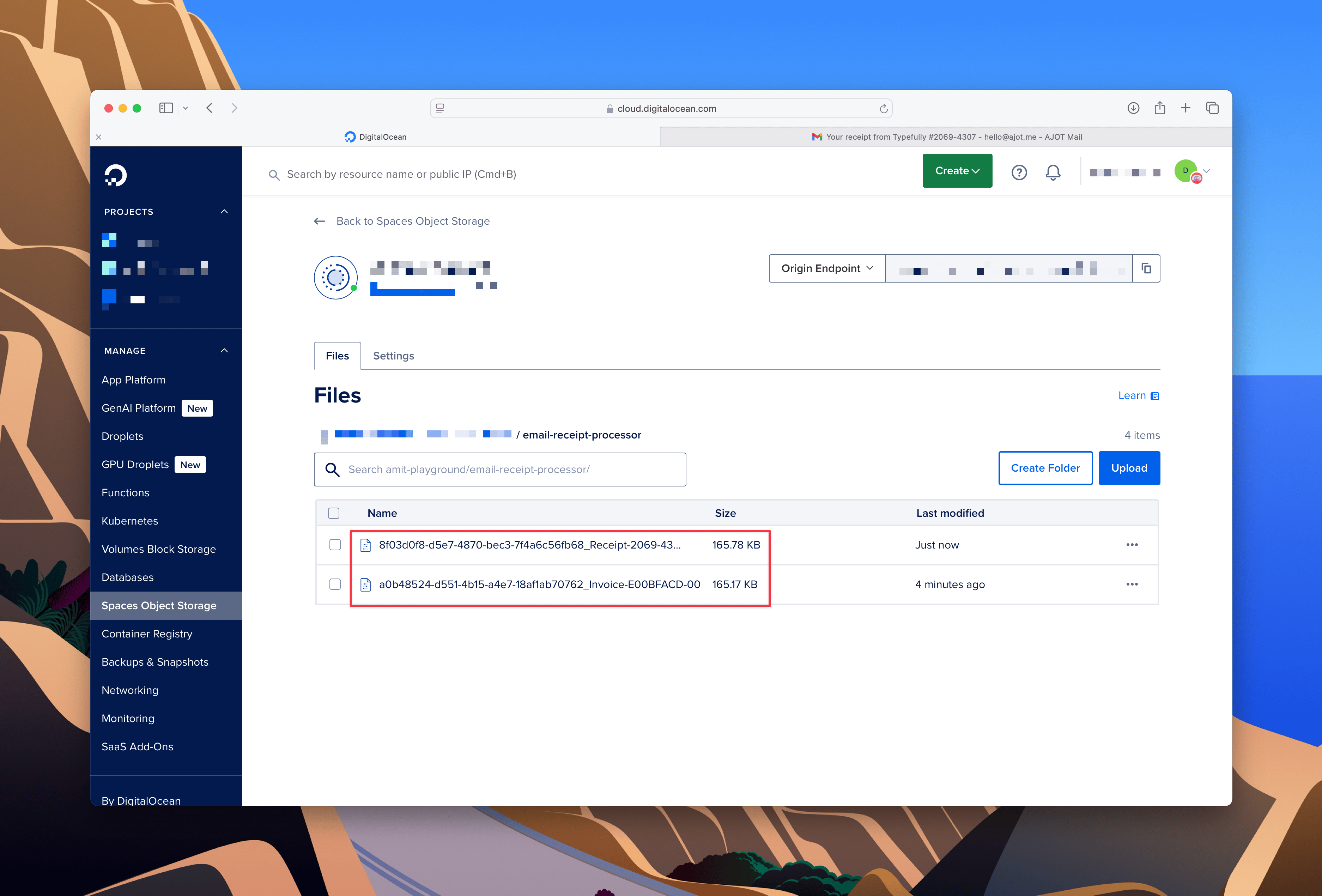 DigitalOcean Spaces interface showing uploaded files with names and metadata
