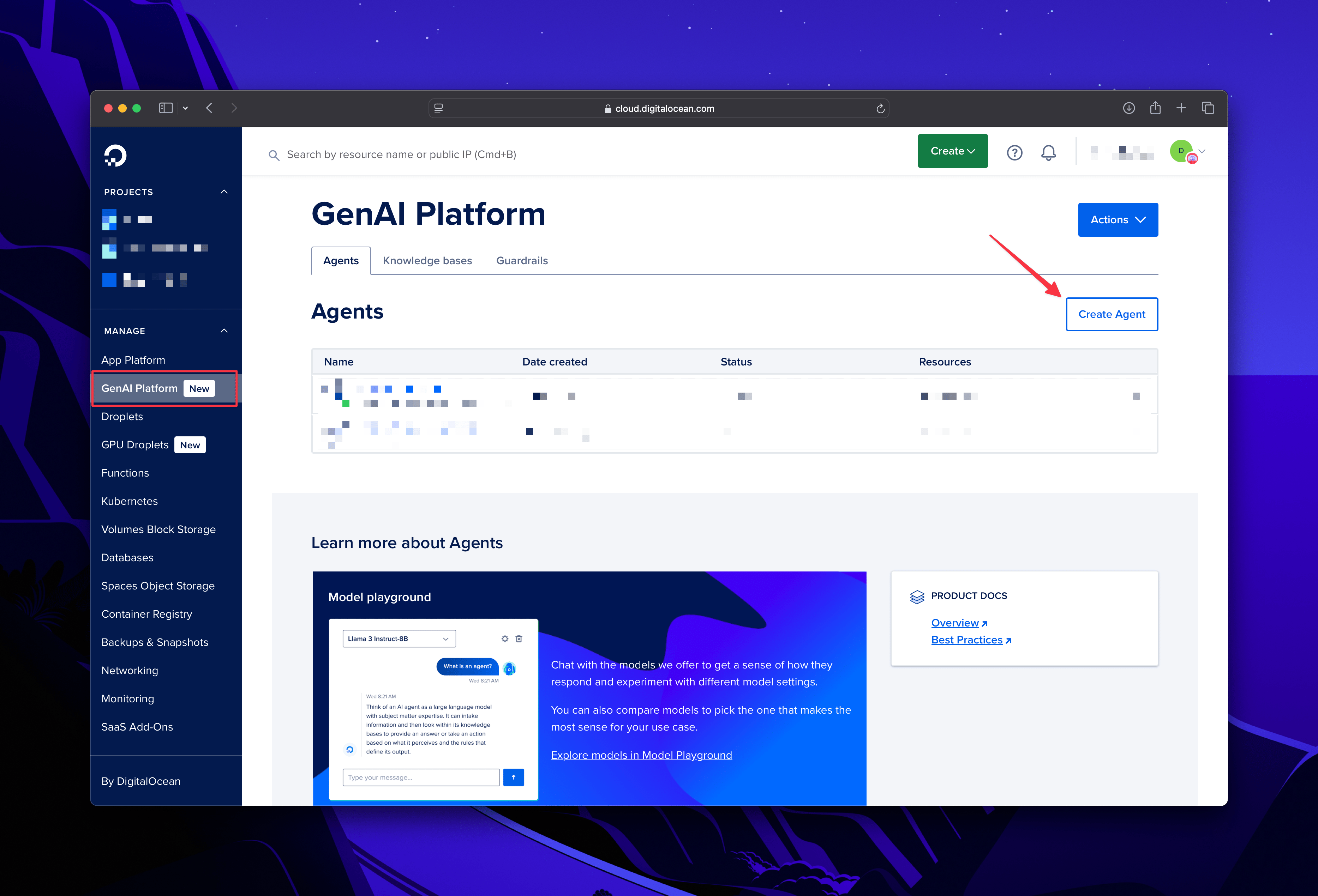 DigitalOcean GenAI Platform dashboard showing the main interface