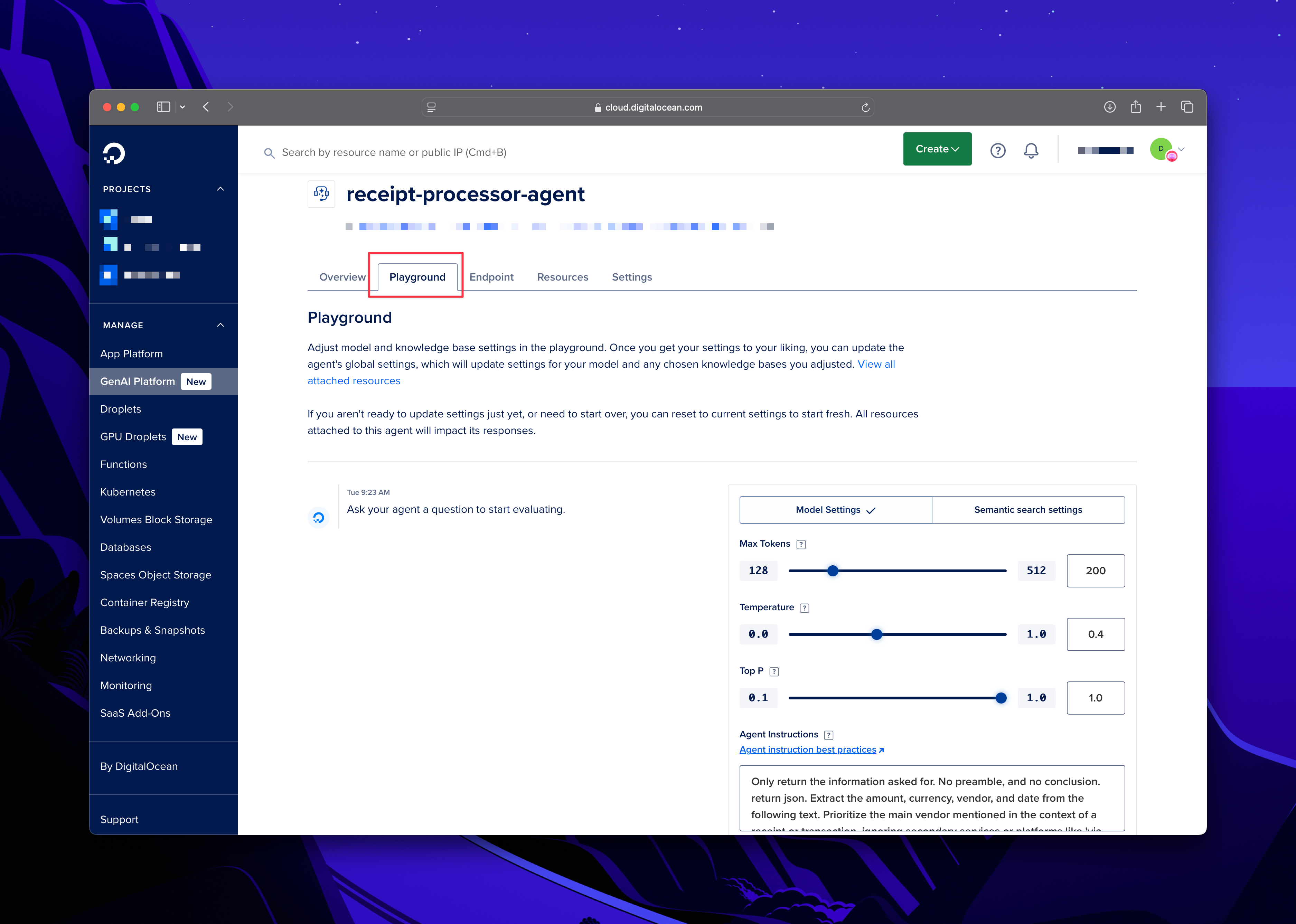DigitalOcean GenAI Playground interface for testing the agent