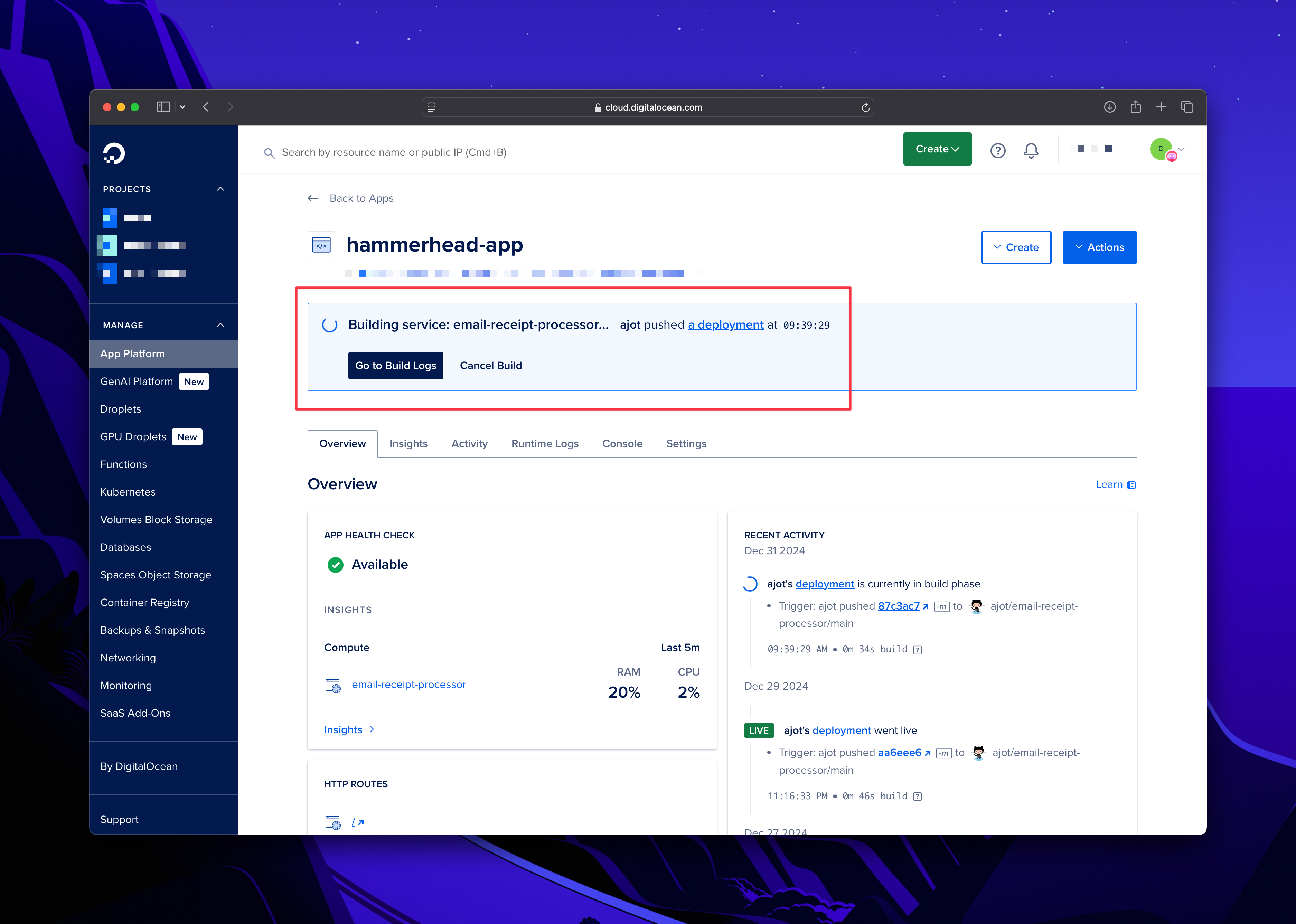 DigitalOcean project dashboard showing deployment status