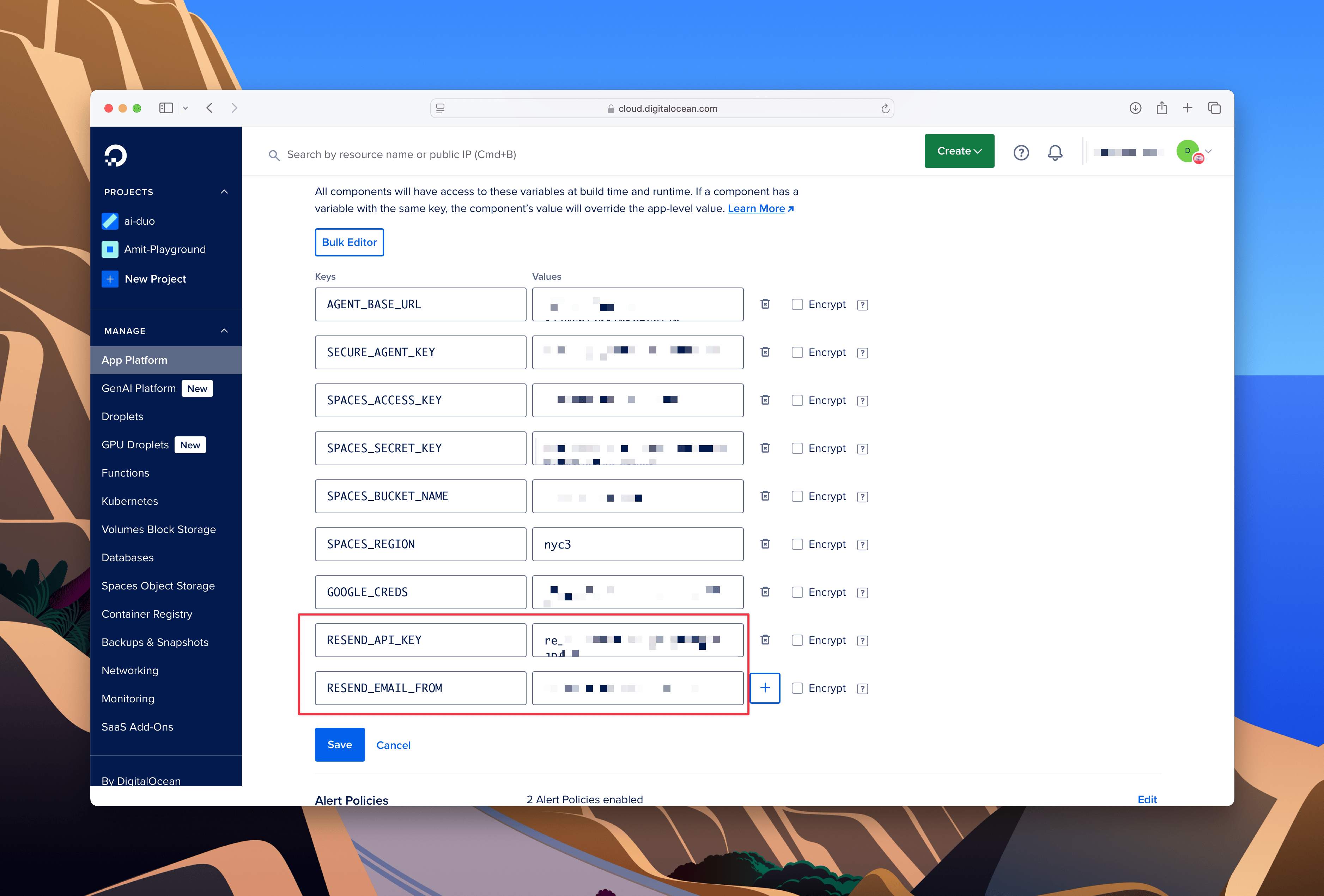 DigitalOcean Project Settings