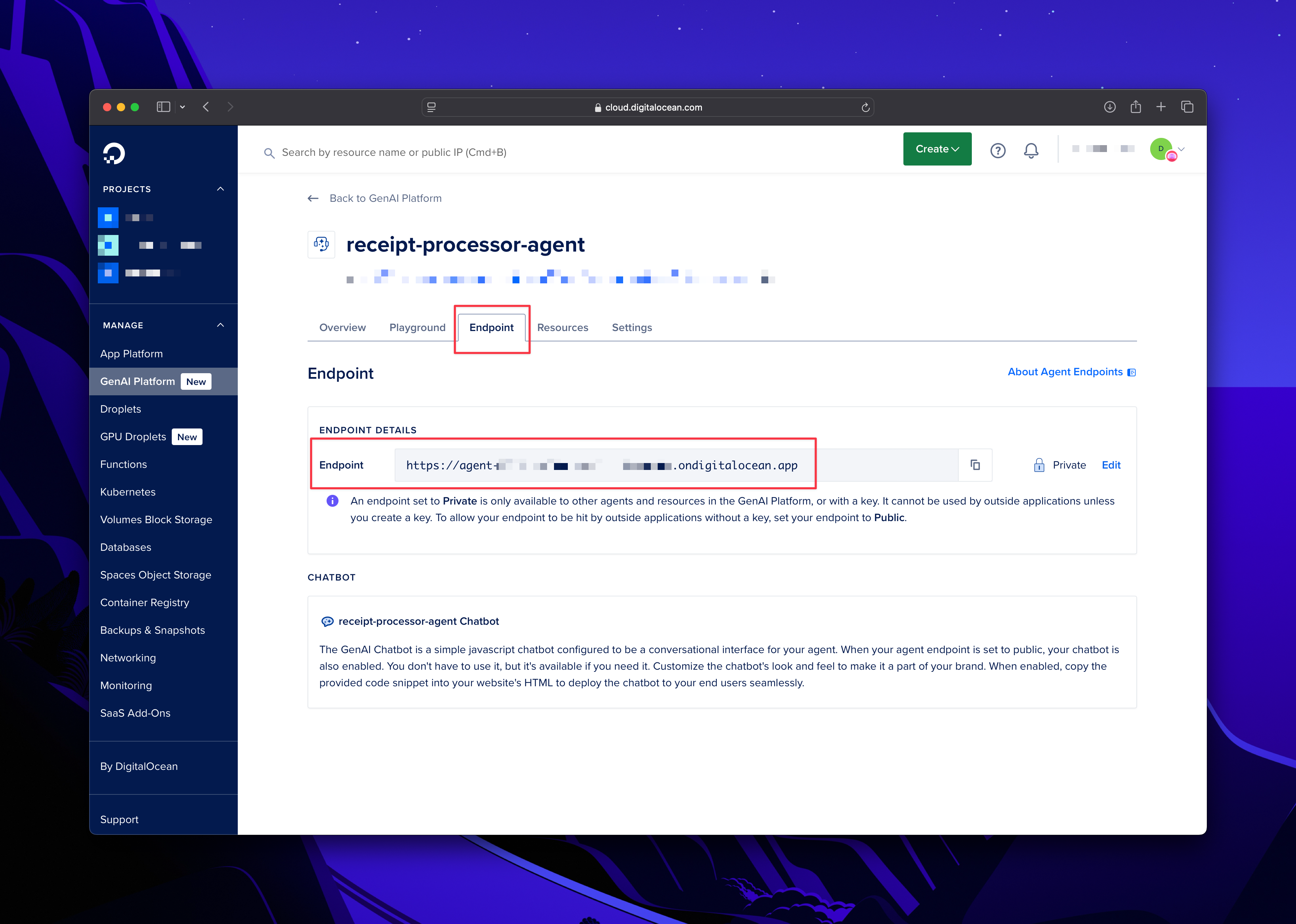 DigitalOcean receipt processor agent endpoint configuration