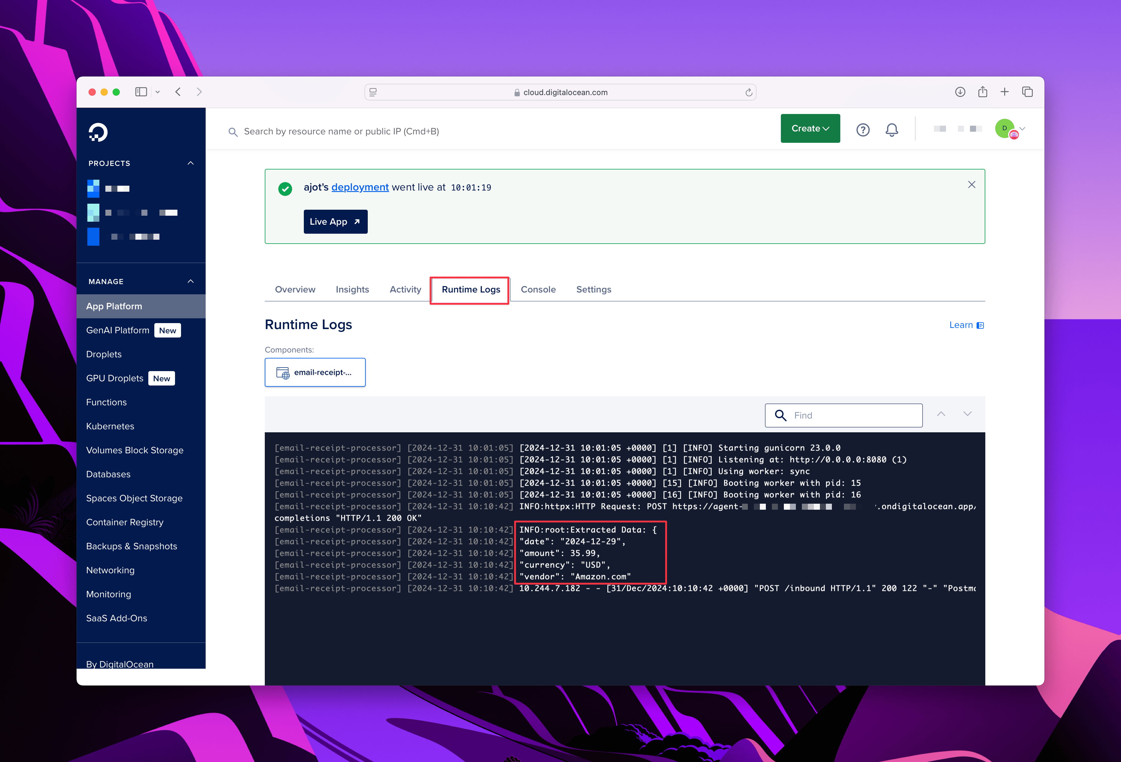 Runtime logs displaying email receipt processing