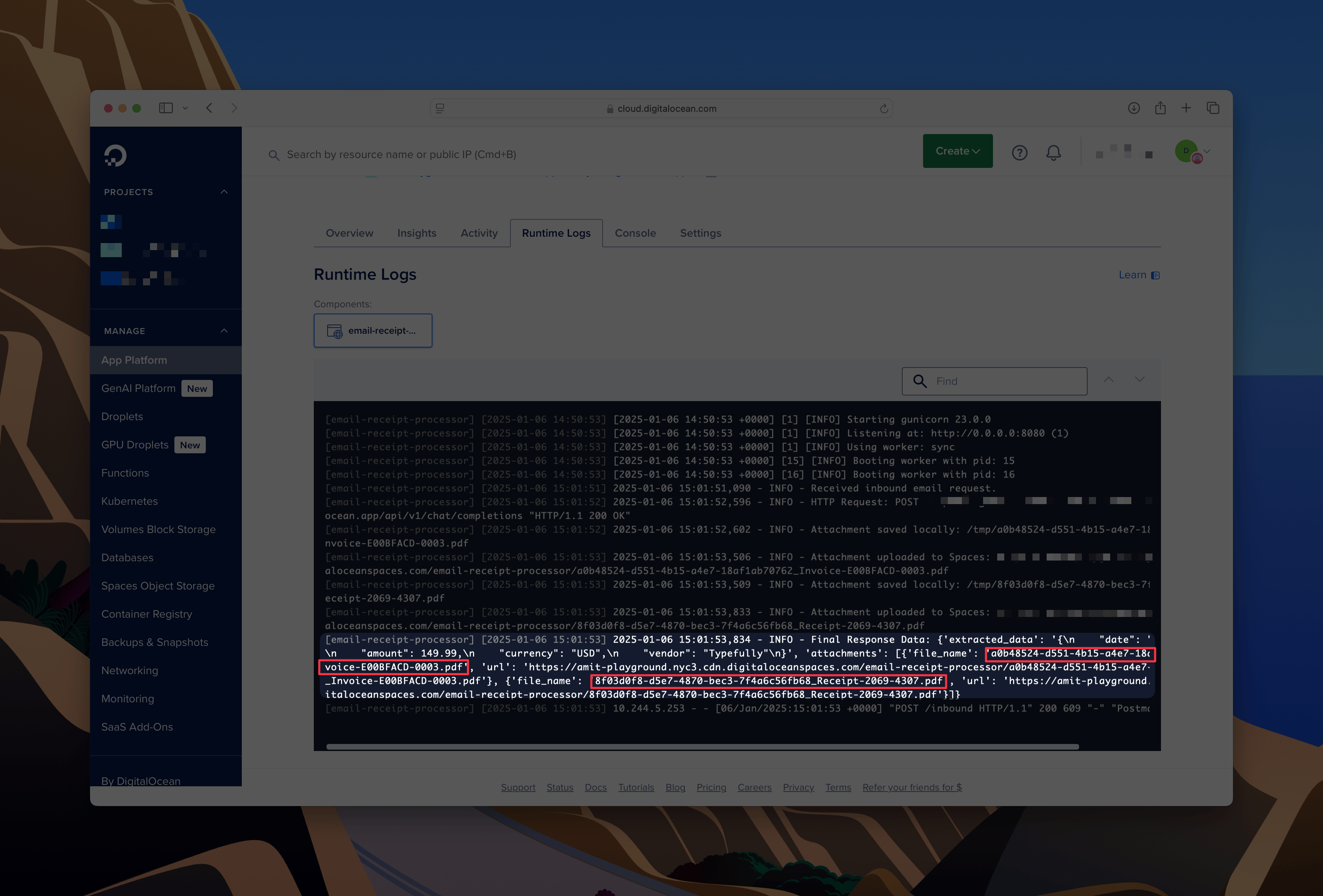 DigitalOcean runtime logs interface displaying application log entries