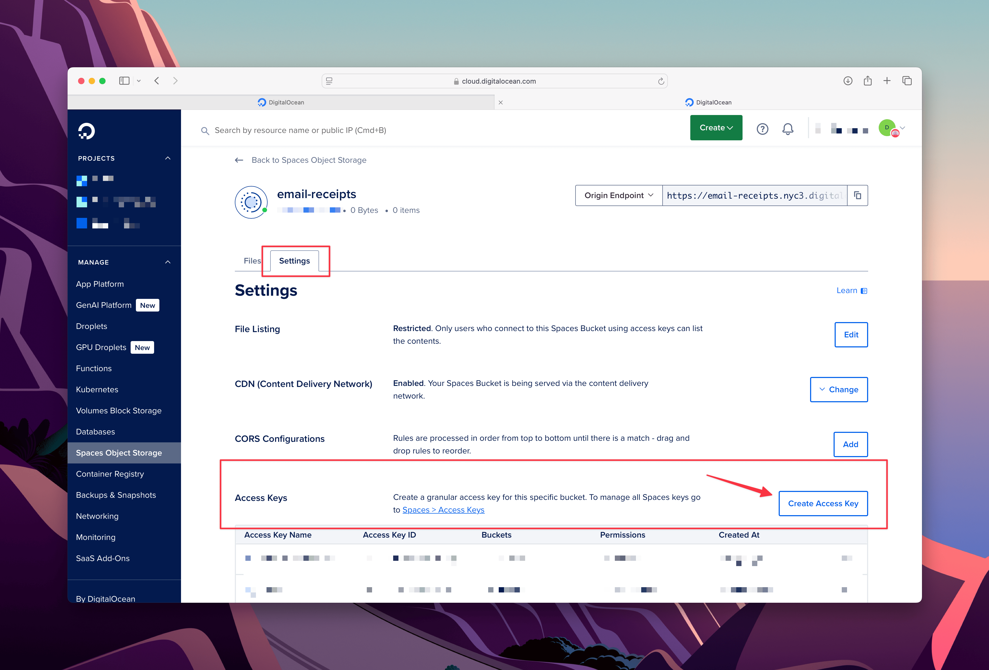 Settings page in DigitalOcean showing how to create and manage access keys