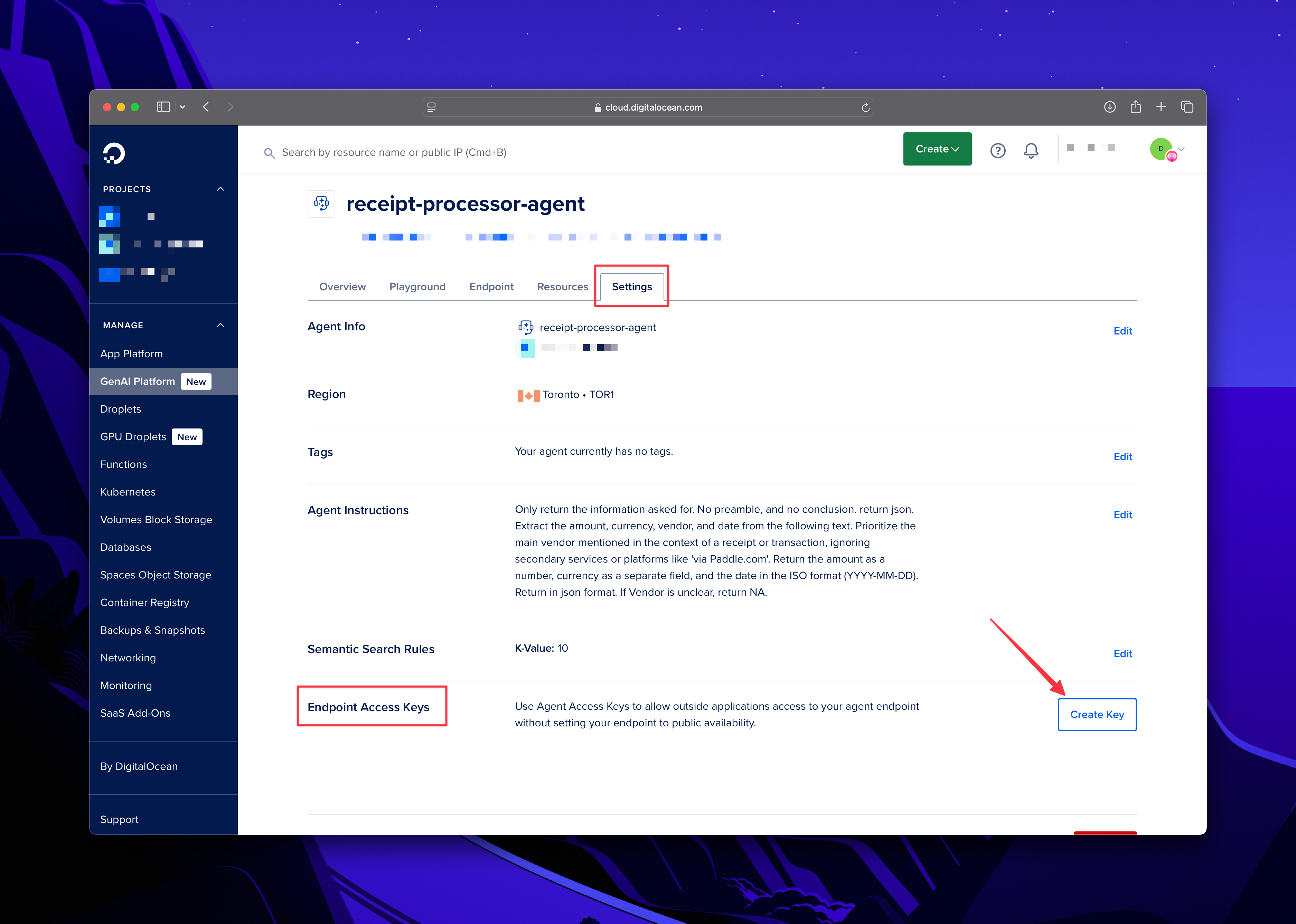 DigitalOcean settings page showing endpoint access keys