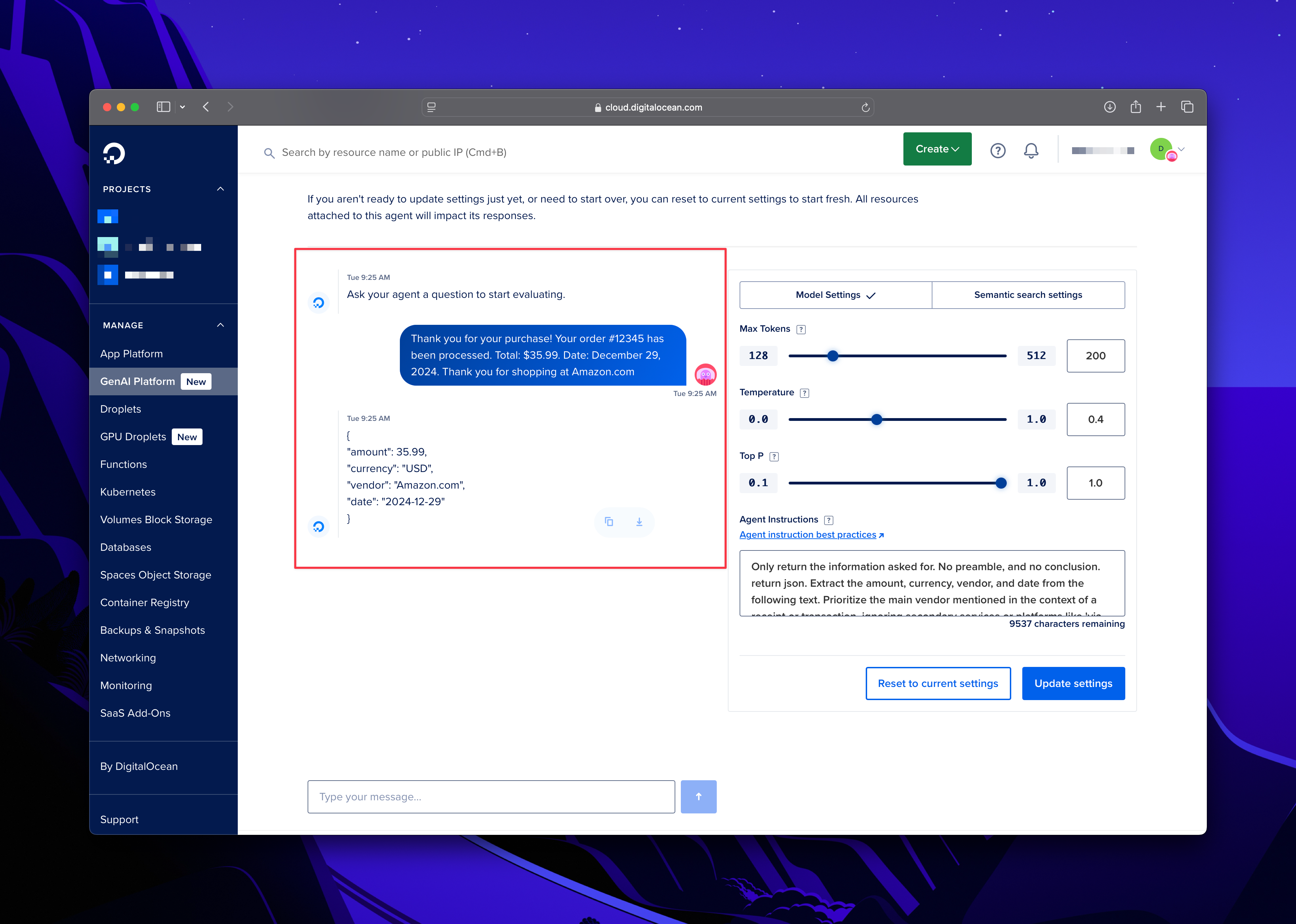 DigitalOcean settings interface showing agent configuration