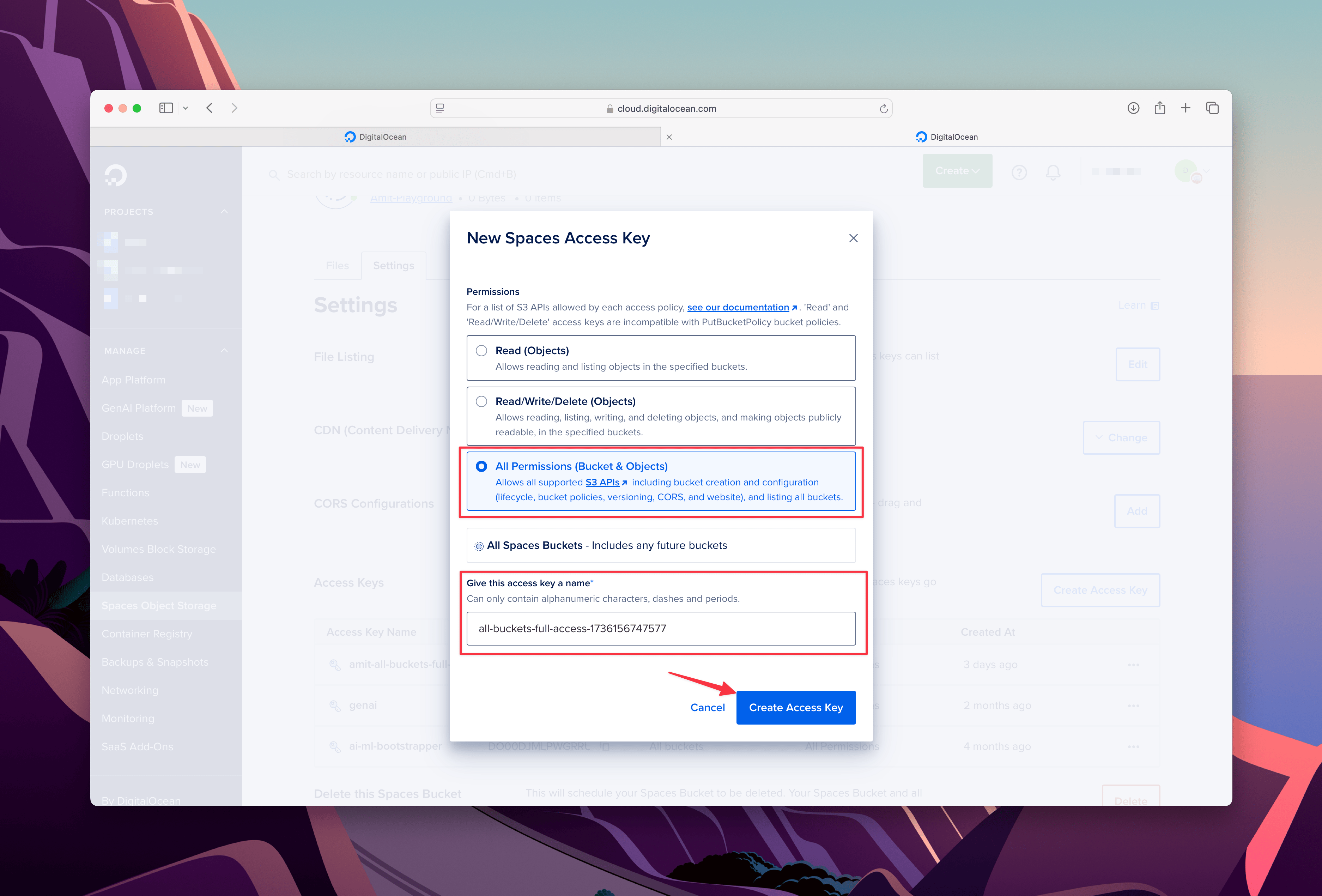 DigitalOcean interface for creating a new Spaces access key with permissions configuration