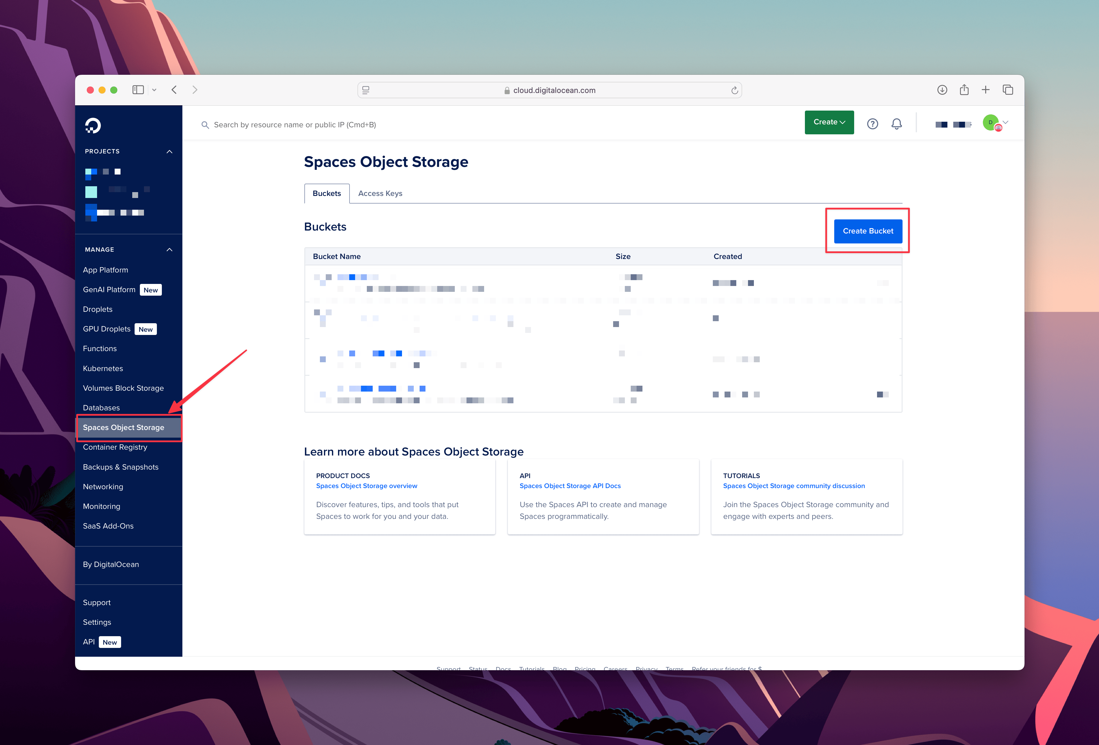 DigitalOcean Spaces Object Storage interface displaying file management options