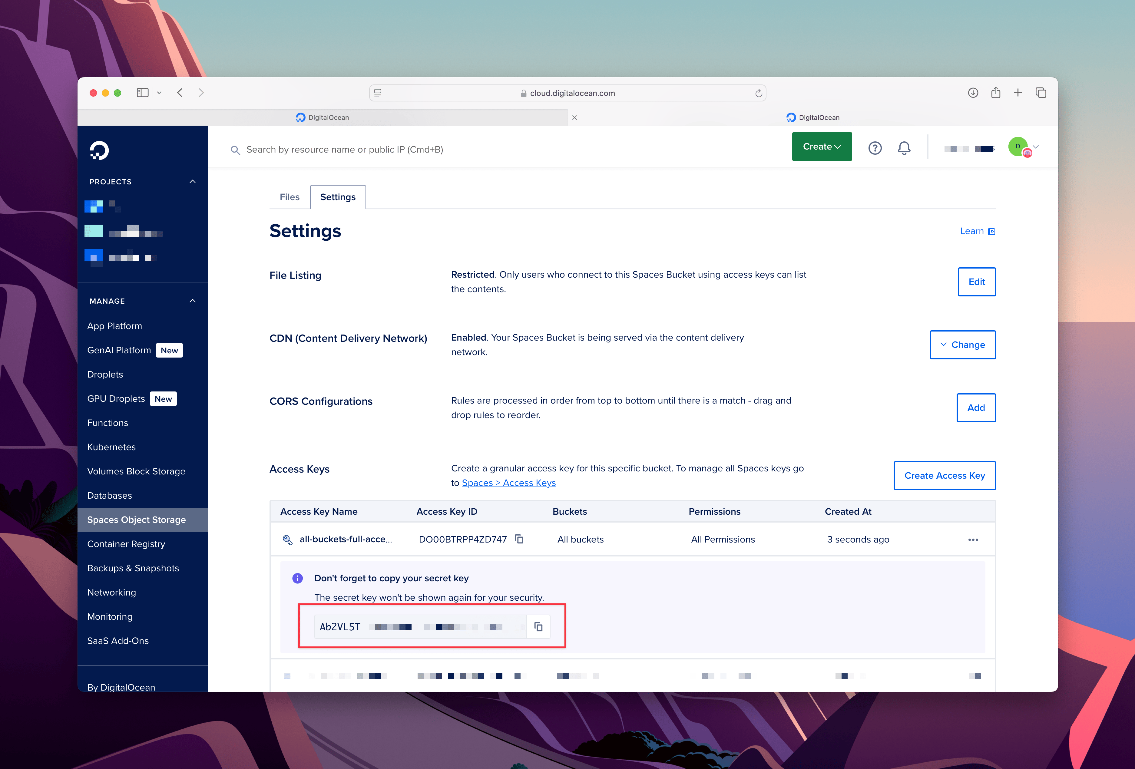 DigitalOcean Spaces settings page showing bucket configurations and access key options