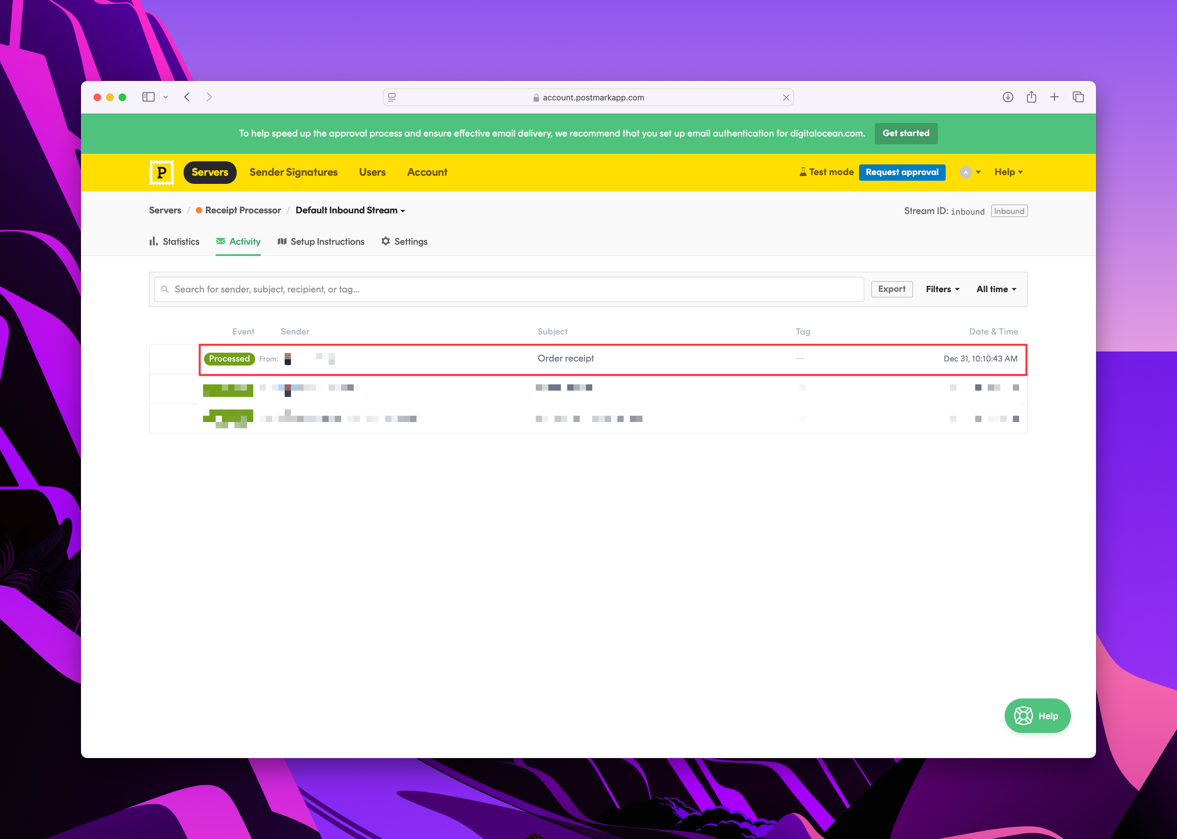 Email dashboard showing message activity