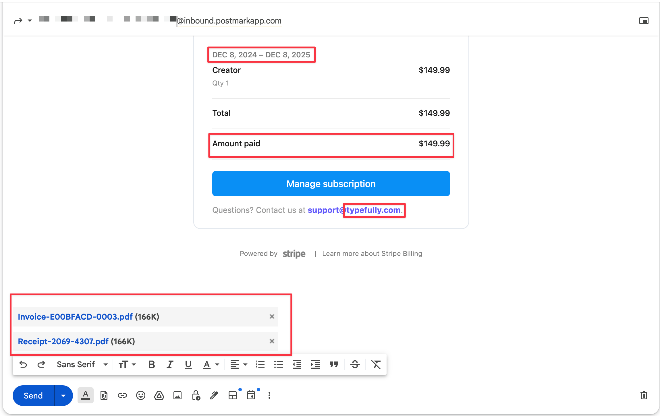 Example of an email invoice receipt with highlighted payment details and attachments