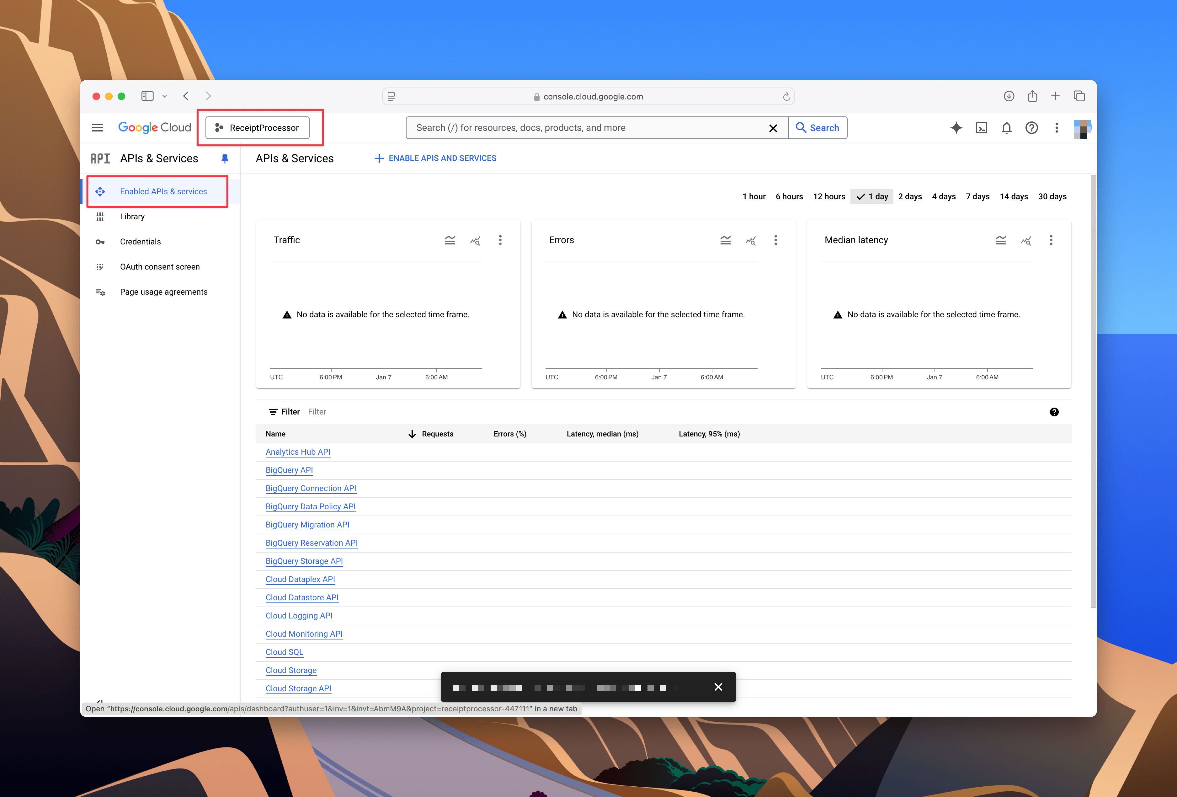 Google Cloud Console APIs Services