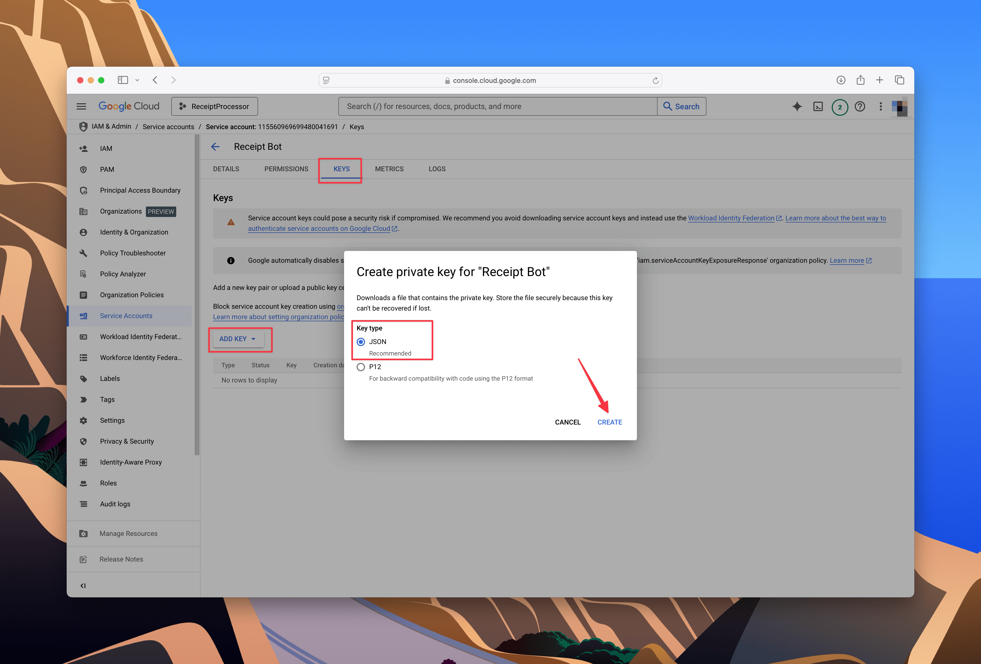 Google Cloud Create Private Key