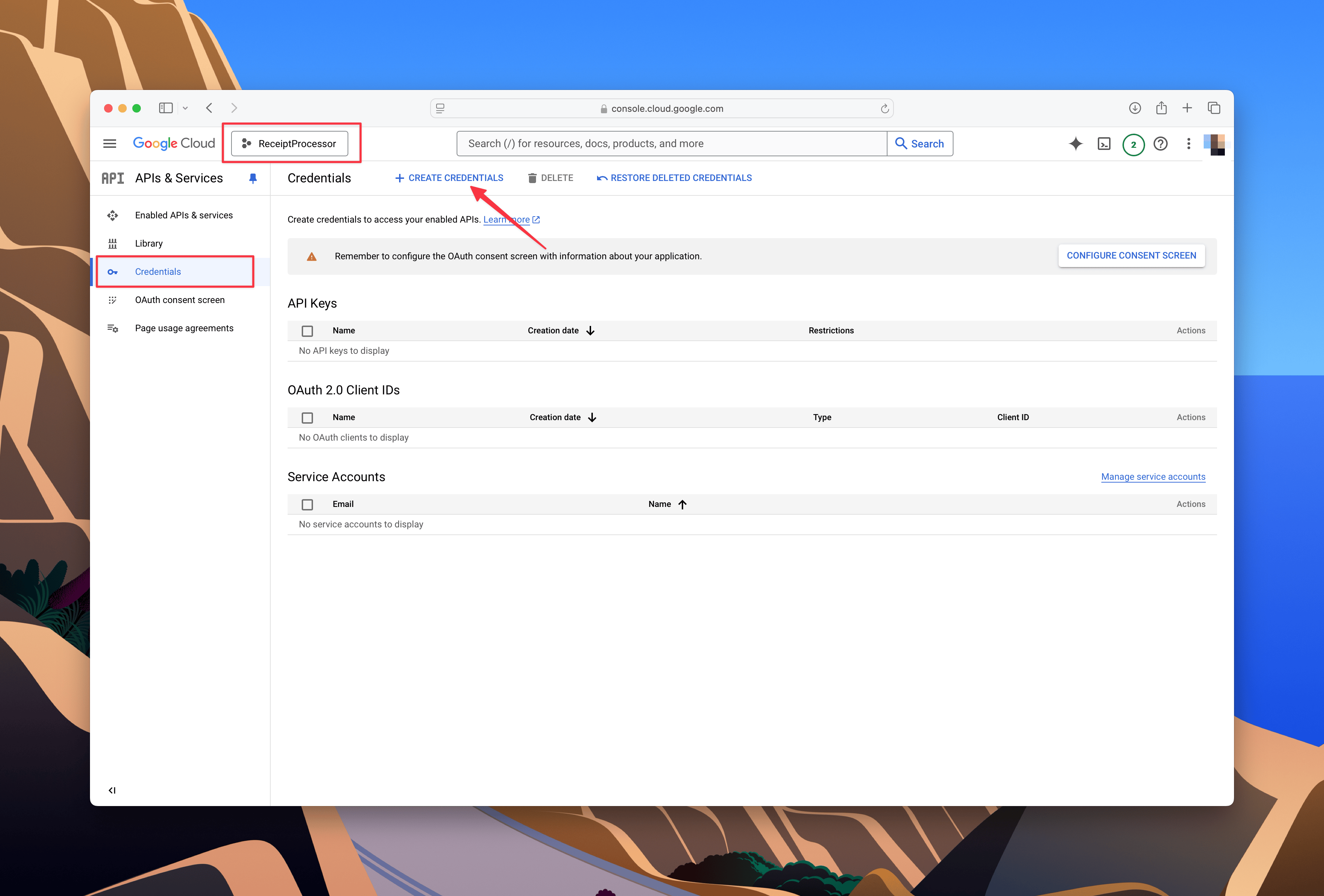 Google Cloud Credentials Page