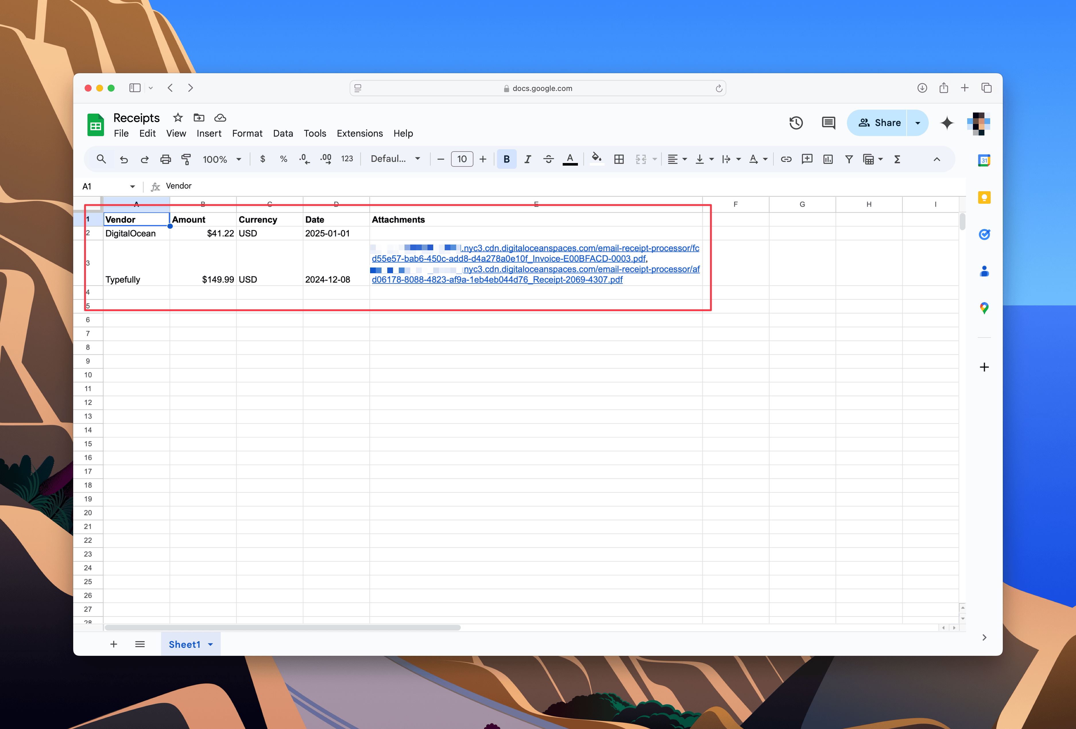 Google Sheets Receipts
