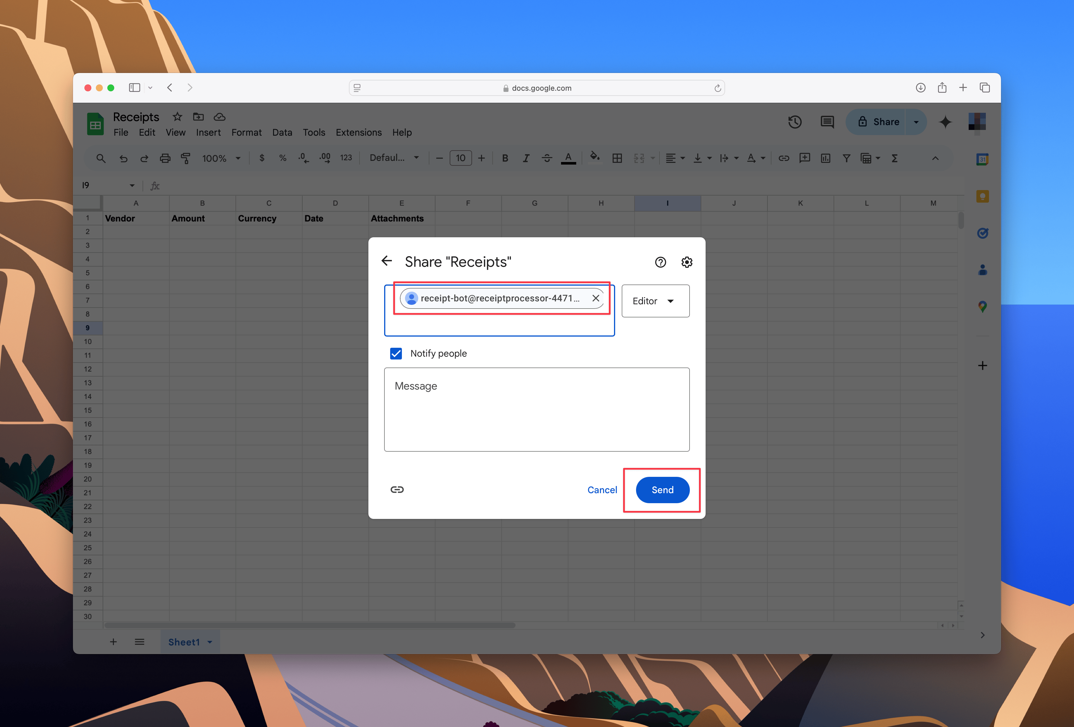 Google Sheets Share Dialog