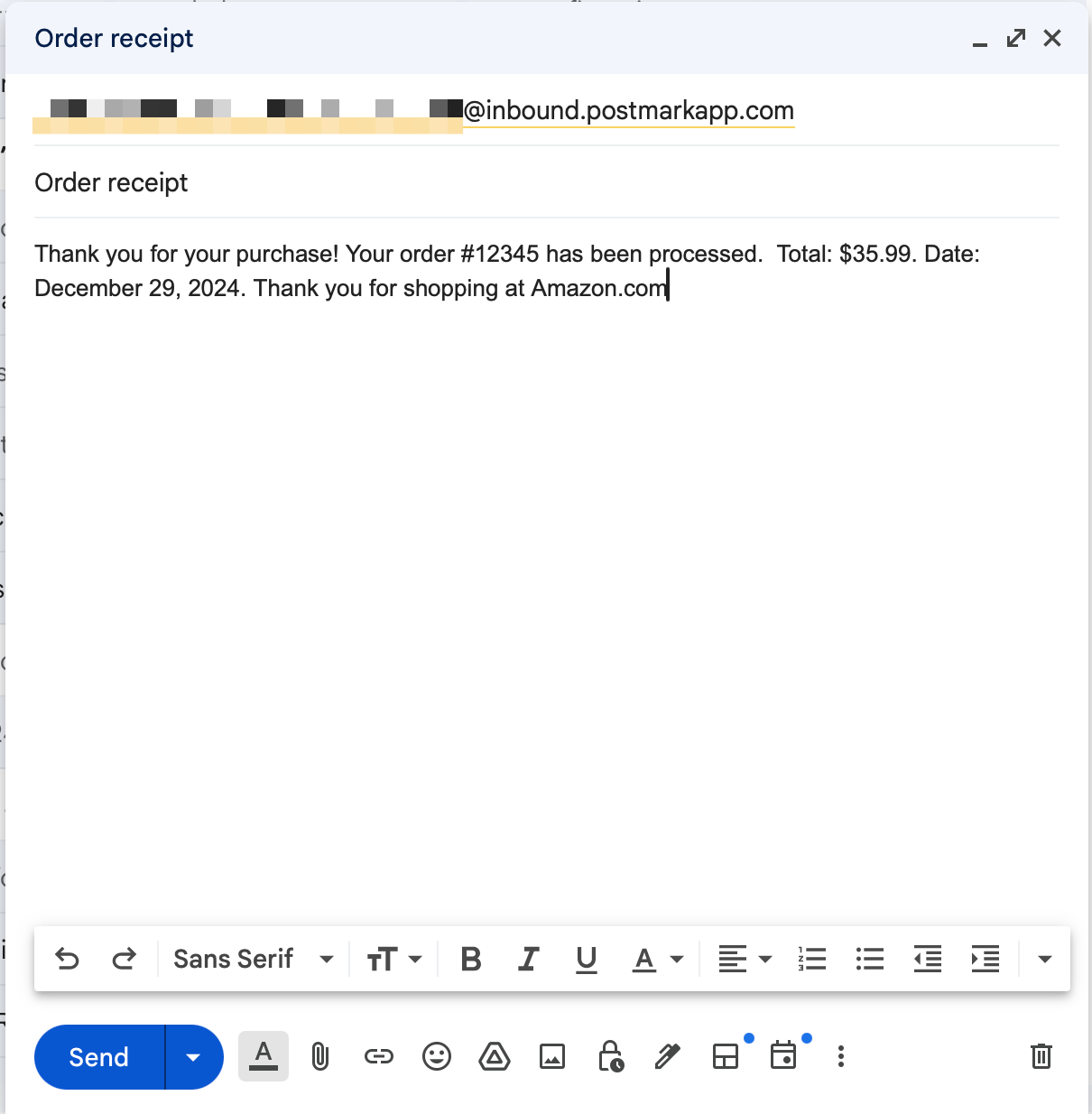 Example receipt email showing order details