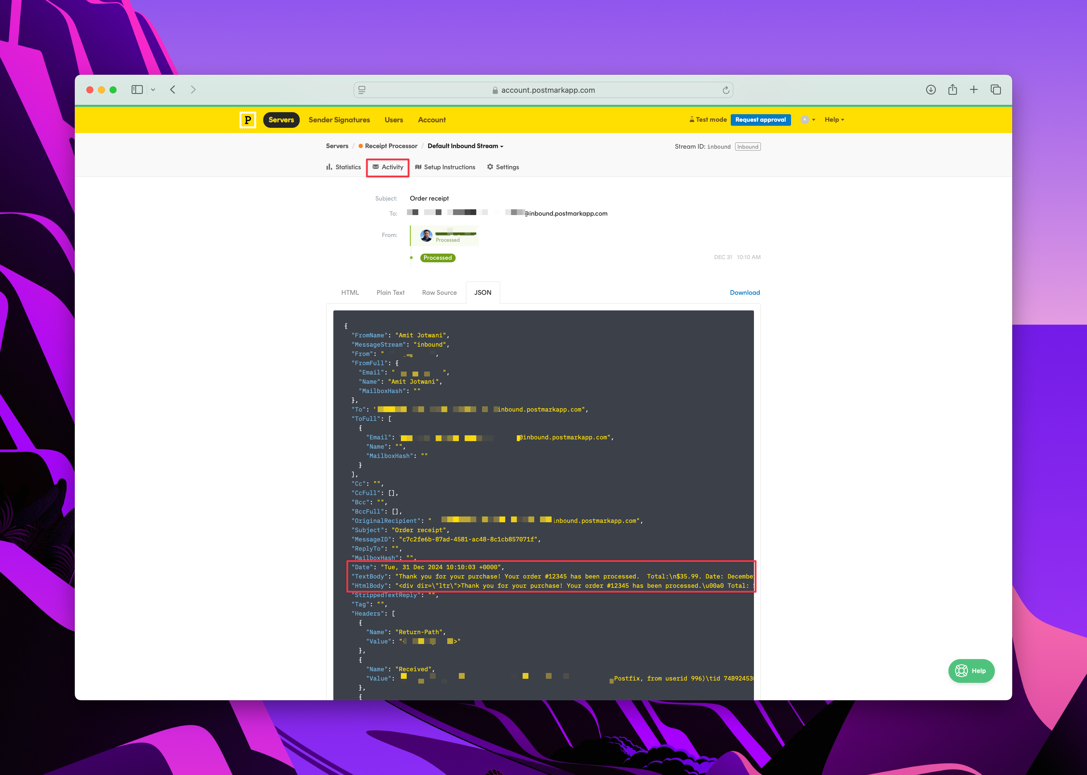 Postmark API response showing successful delivery