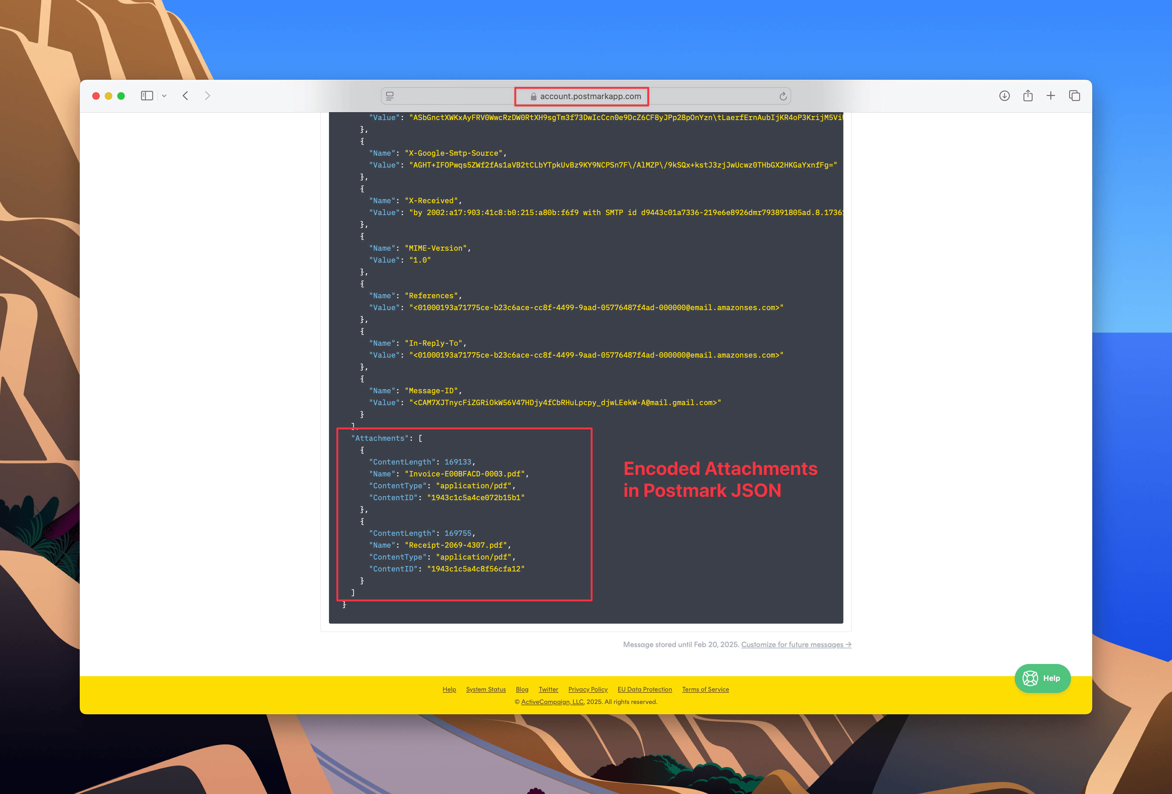 Postmark JSON response showing encoded email attachments with metadata