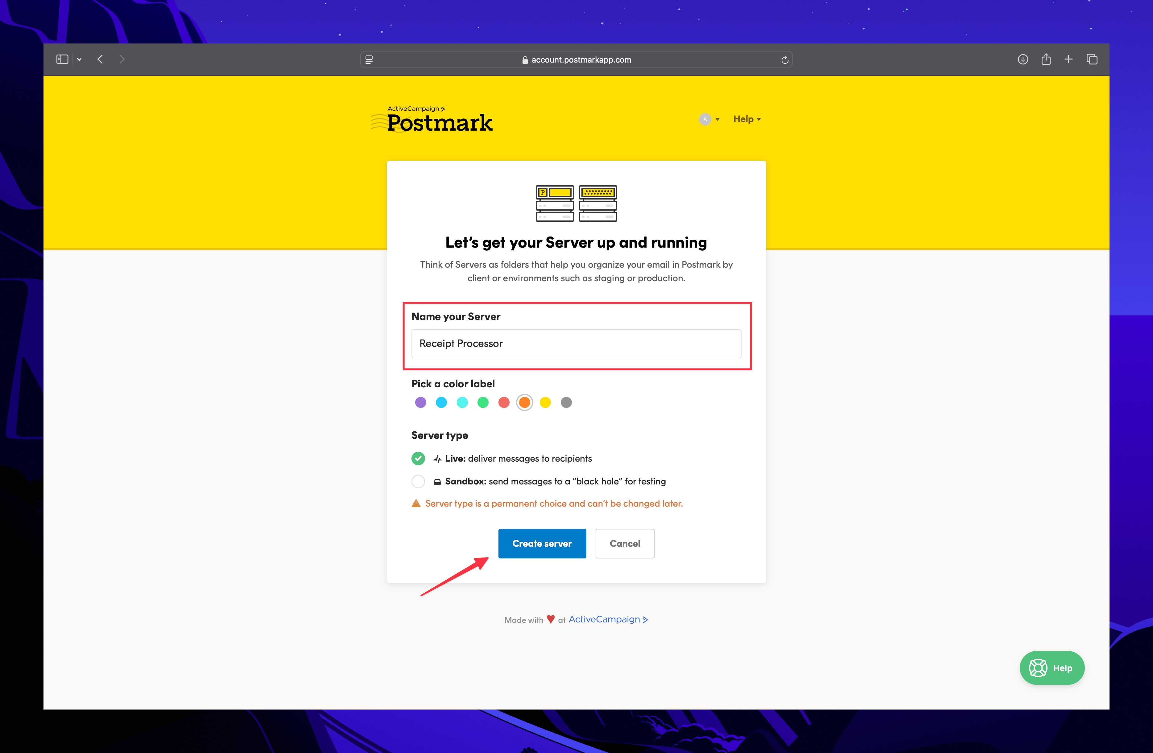 Postmark server setup screen