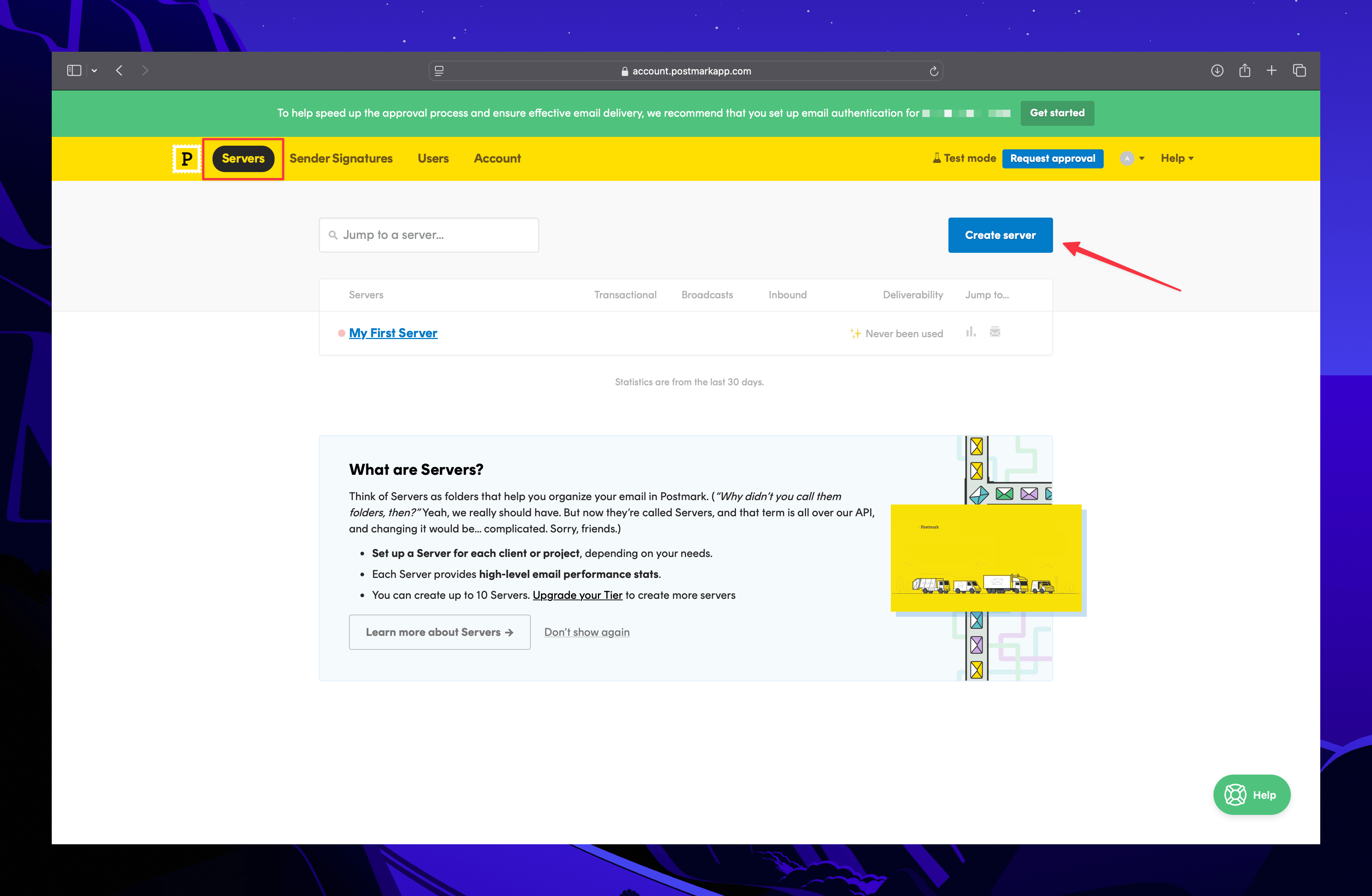 Postmark server dashboard