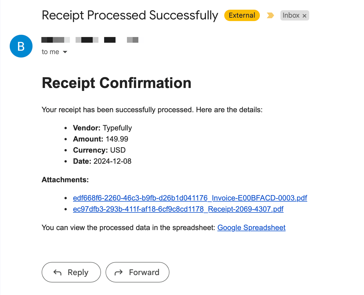 Receipt Confirmation Email