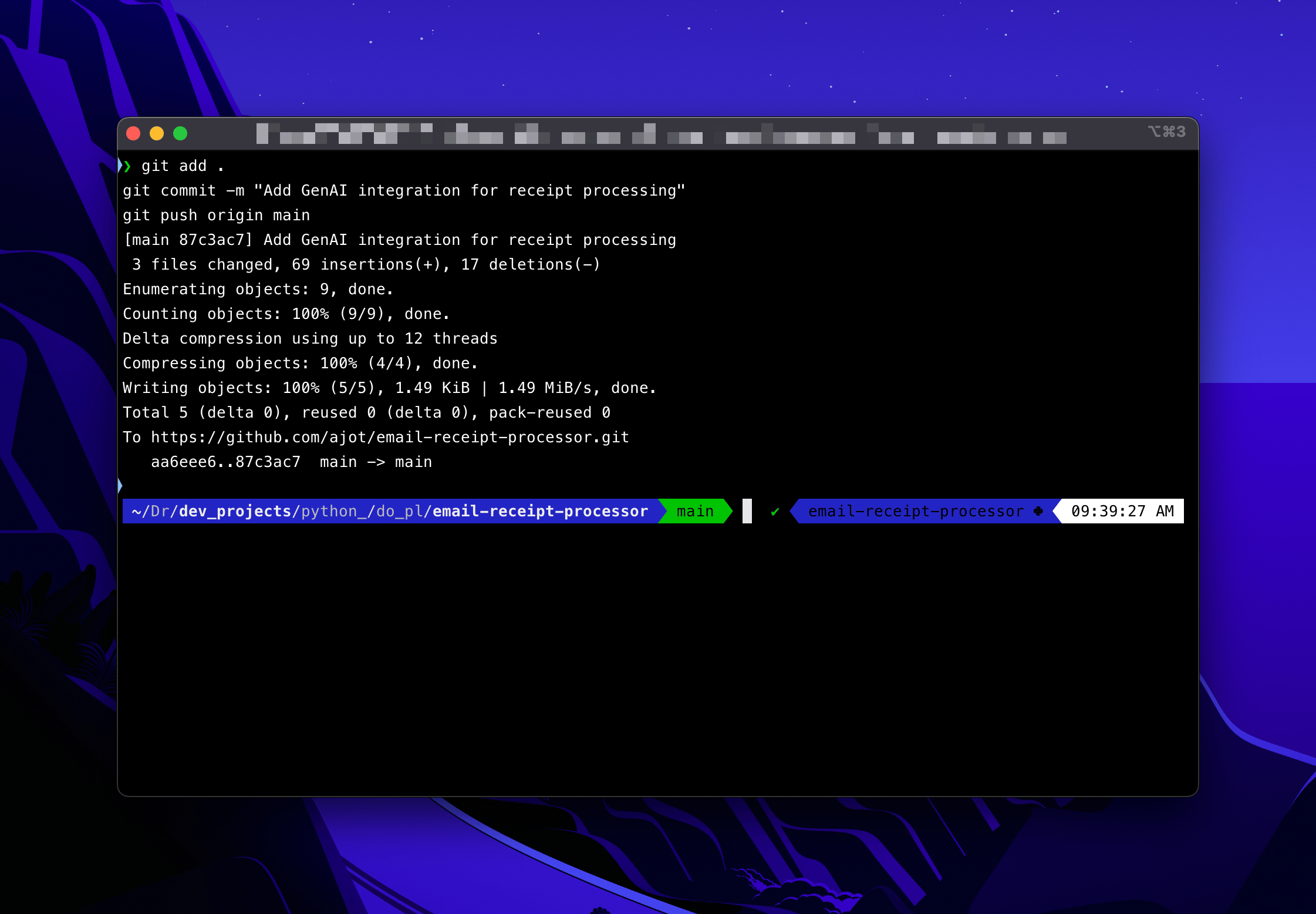 Terminal showing git commit and push commands