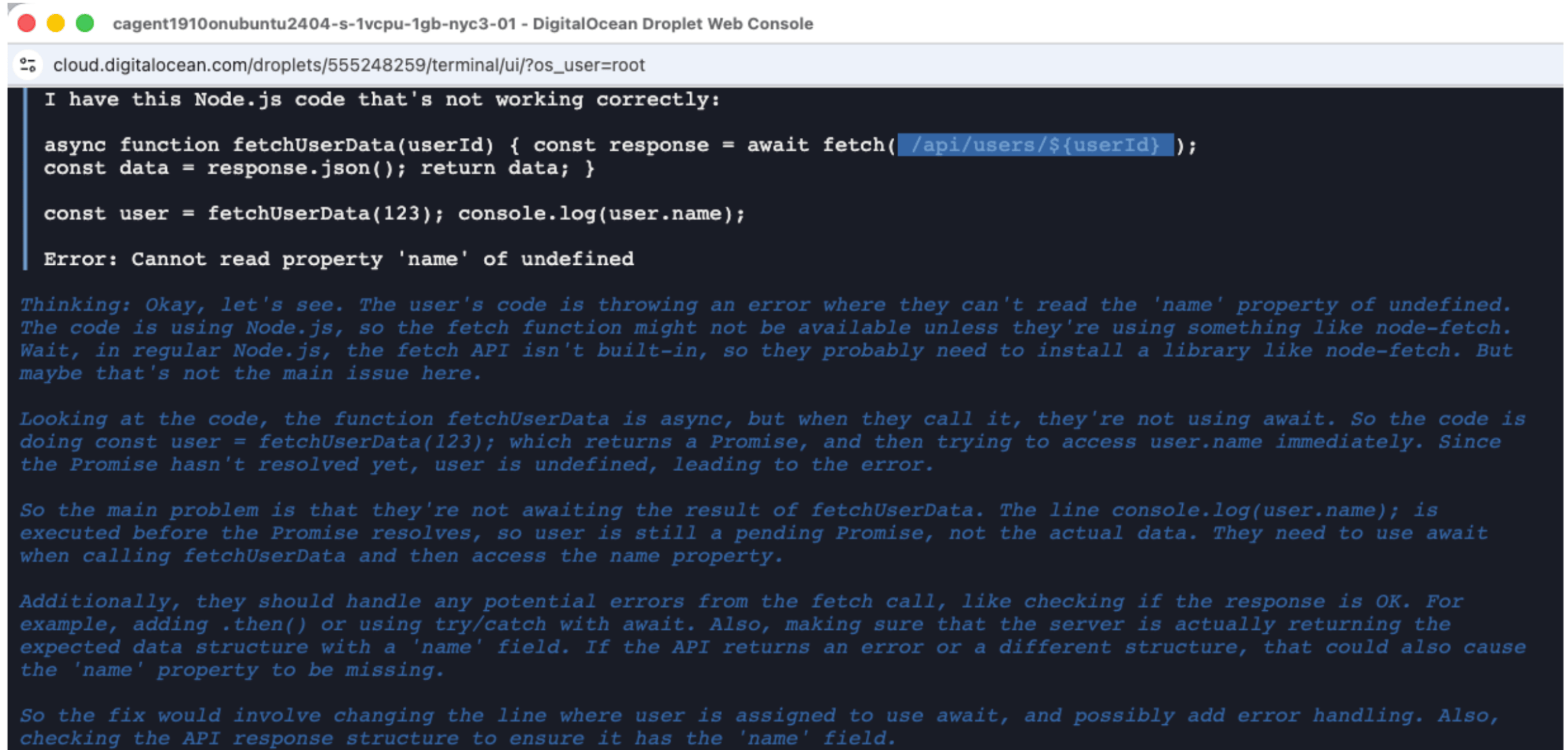 Local model correctly diagnosing the missing await keywords