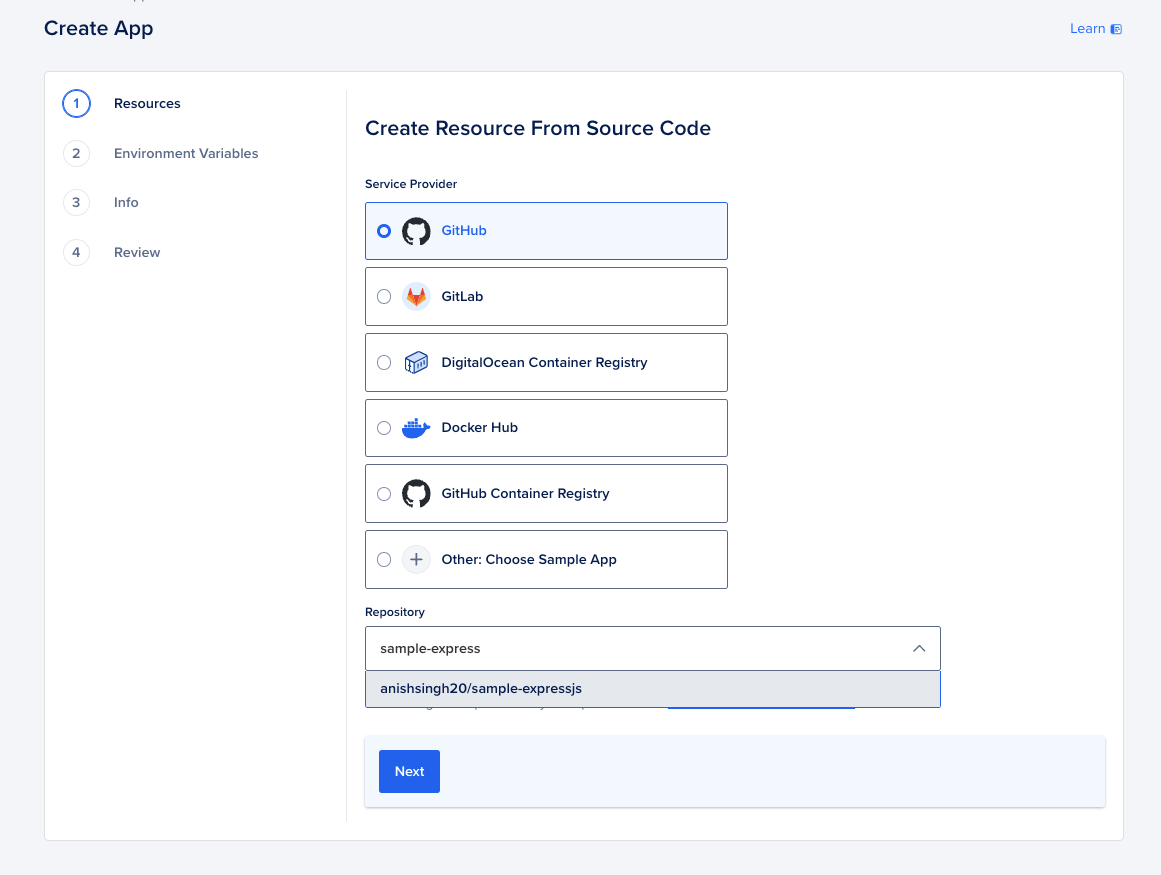 On Screen Instructions to Deploy an App Platform App
