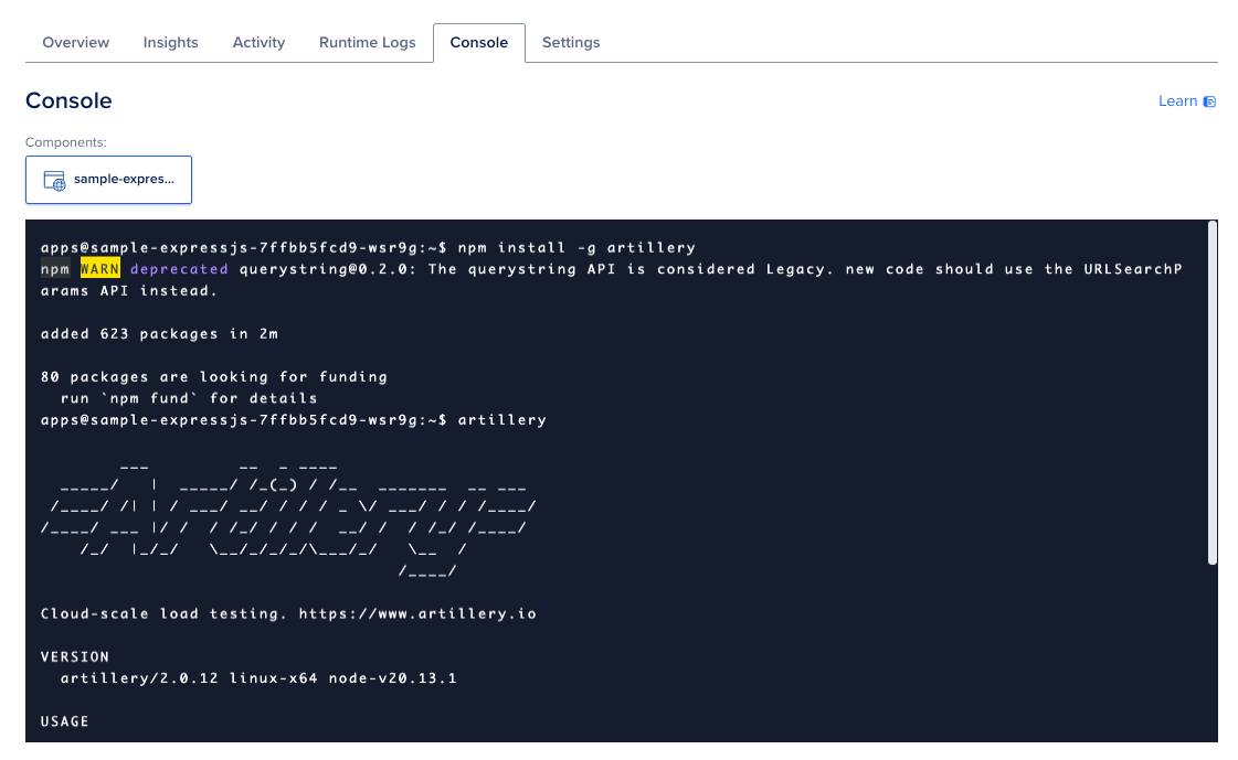 Artillery installtion on App Platform Instance