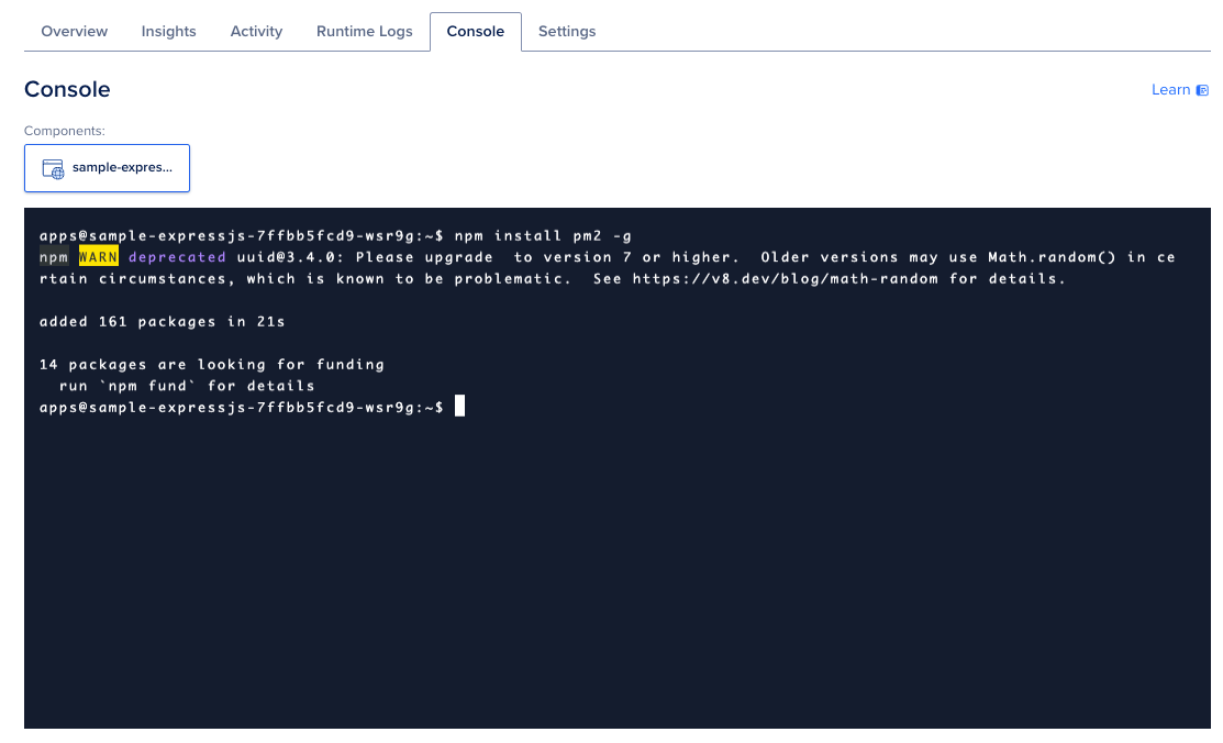 Pm2 installation on App Platform Instance