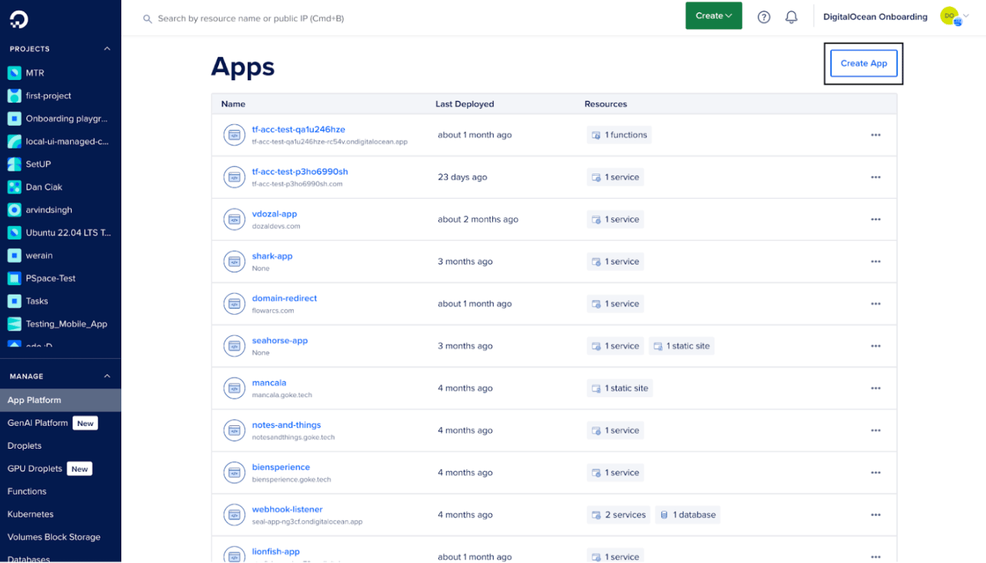 Apps Page on DigitalOcean App Platform